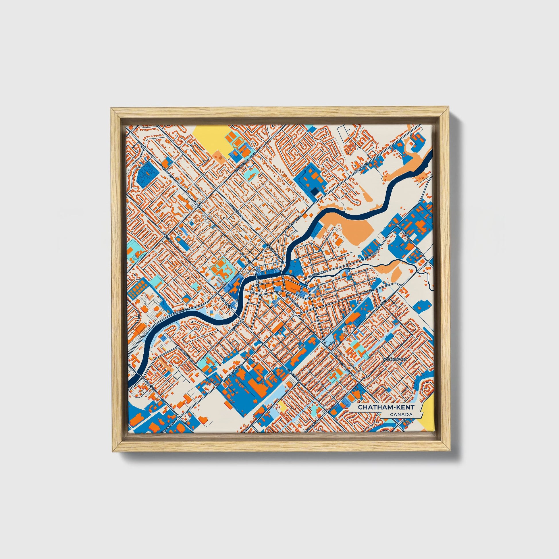 Chatham-Kent Canada Colorful City Map Canvas Print • Natural Wooden Framed