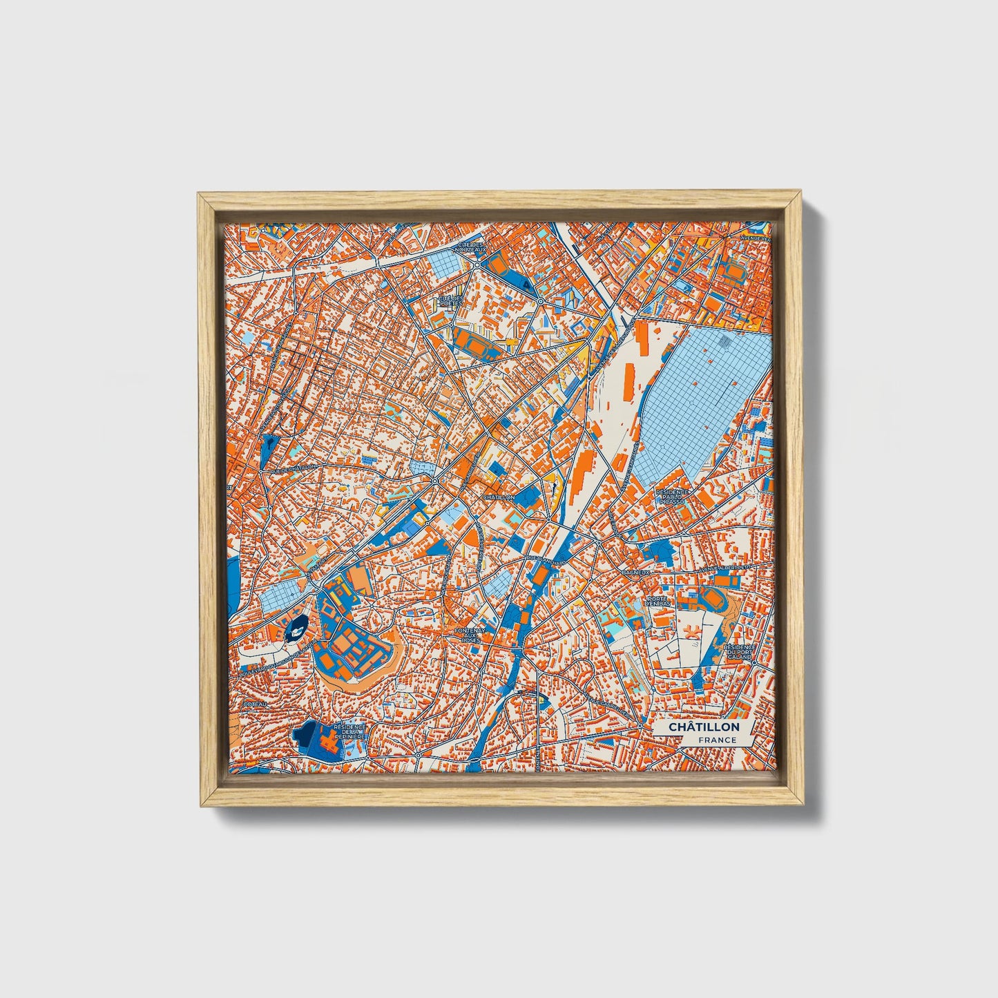 Châtillon France Colorful City Map Canvas Print • Natural Wooden Framed