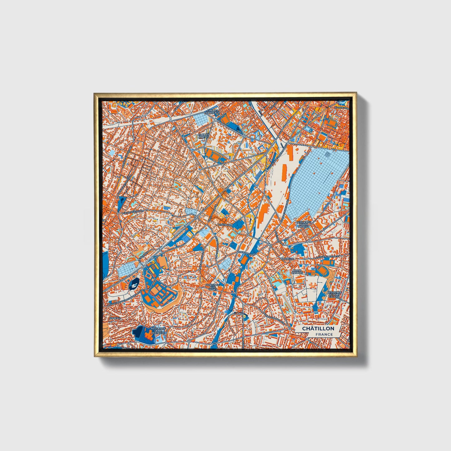 Châtillon France Colorful City Map Canvas Print • Gold Framed
