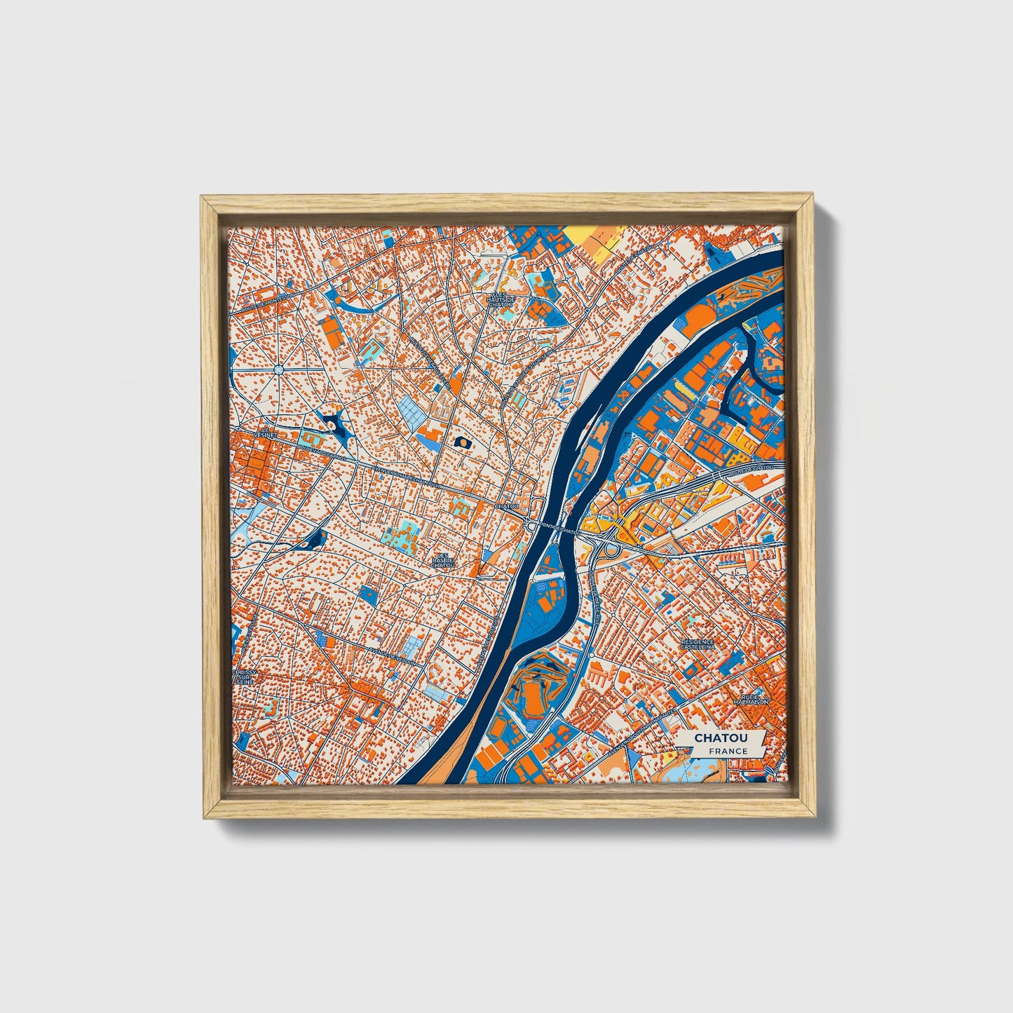 Chatou France Colorful City Map Canvas Print • Natural Wooden Framed