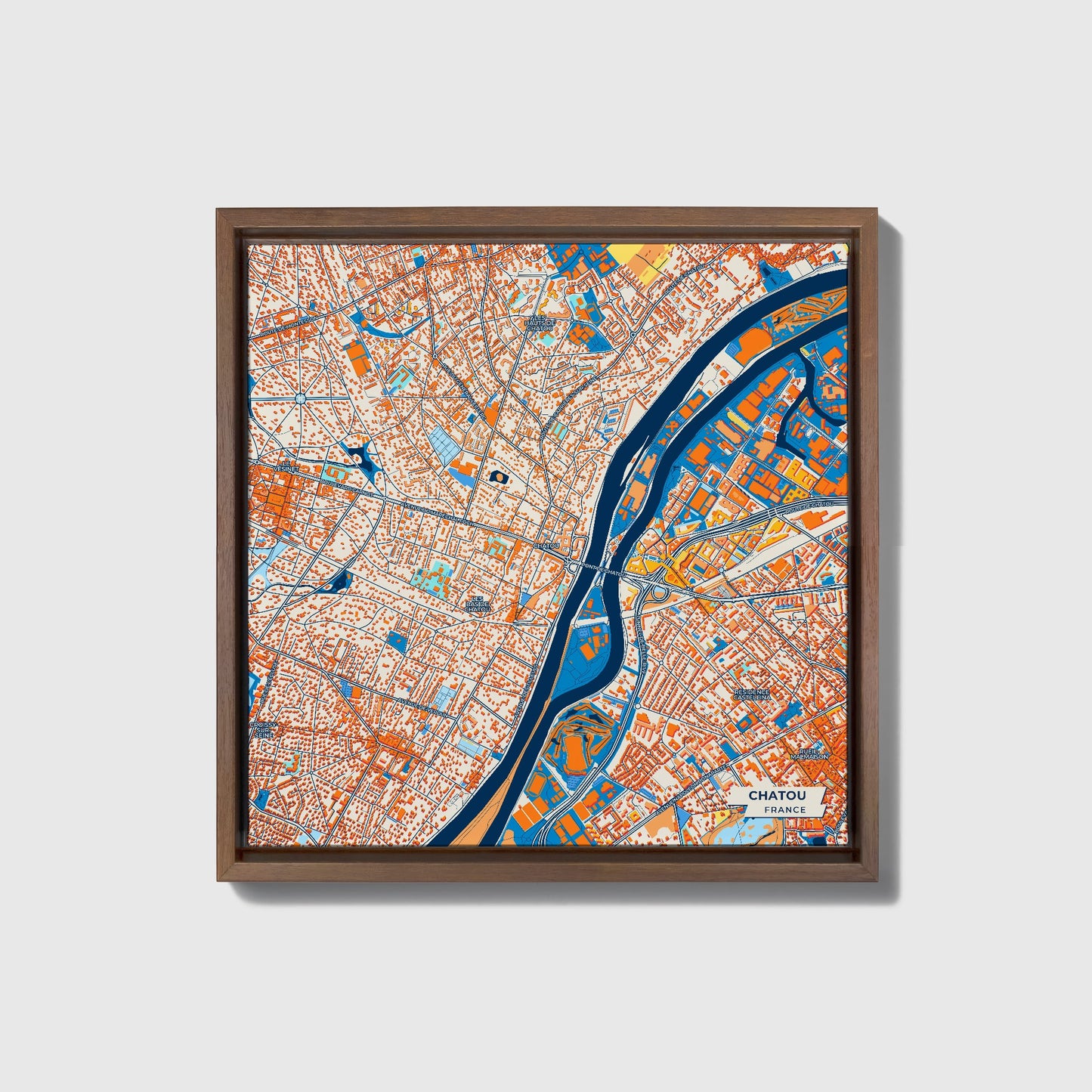 Chatou France Colorful City Map Canvas Print • Dark Wooden Framed