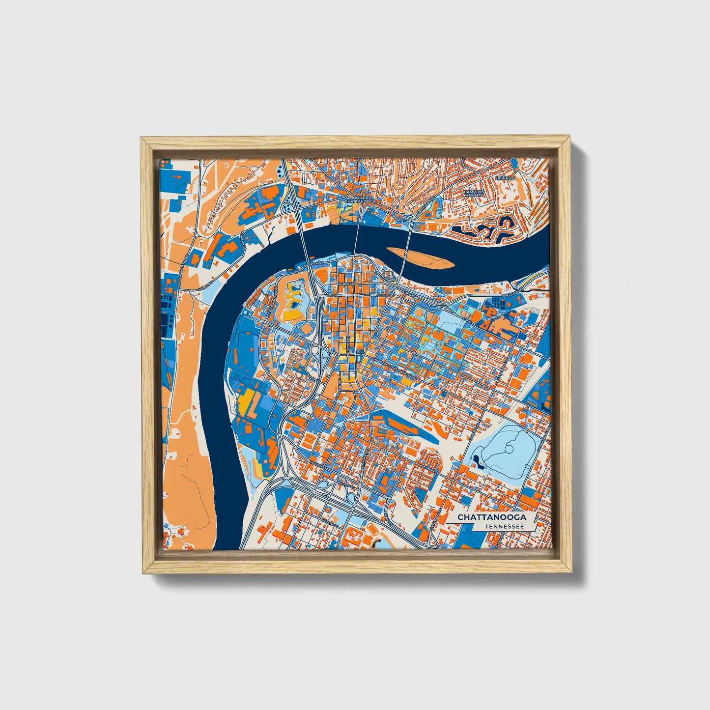 Chattanooga Tennessee Colorful City Map Canvas Print • Natural Wooden Framed