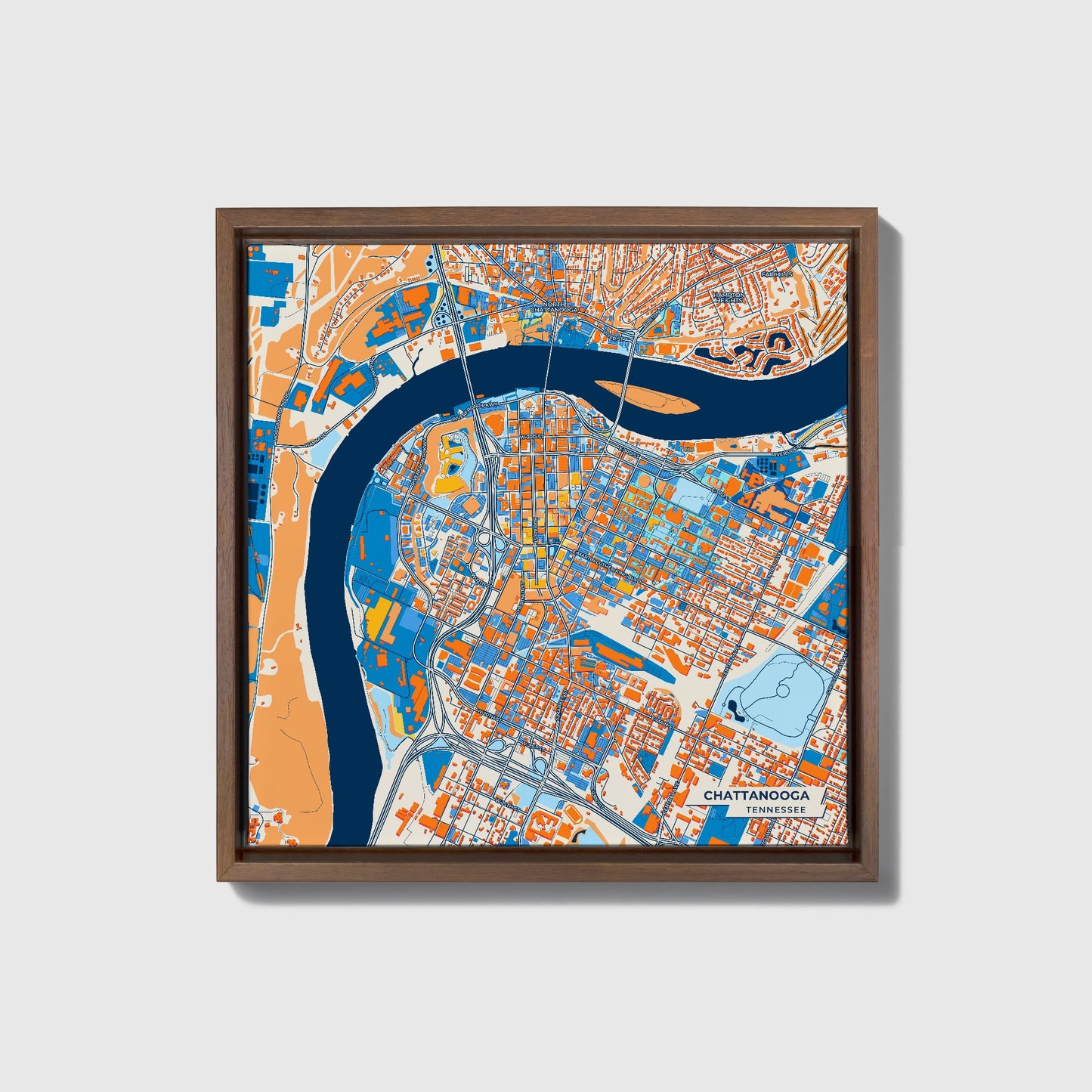 Chattanooga Tennessee Colorful City Map Canvas Print • Dark Wooden Framed