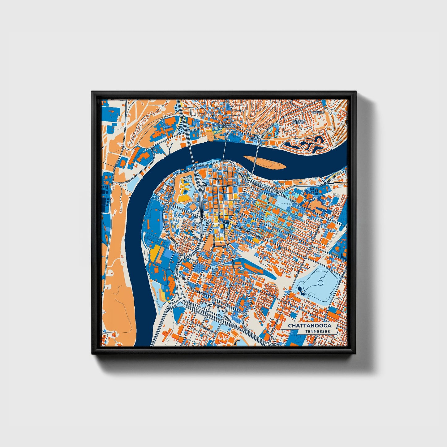 Chattanooga Tennessee Colorful City Map Canvas Print • Black Framed