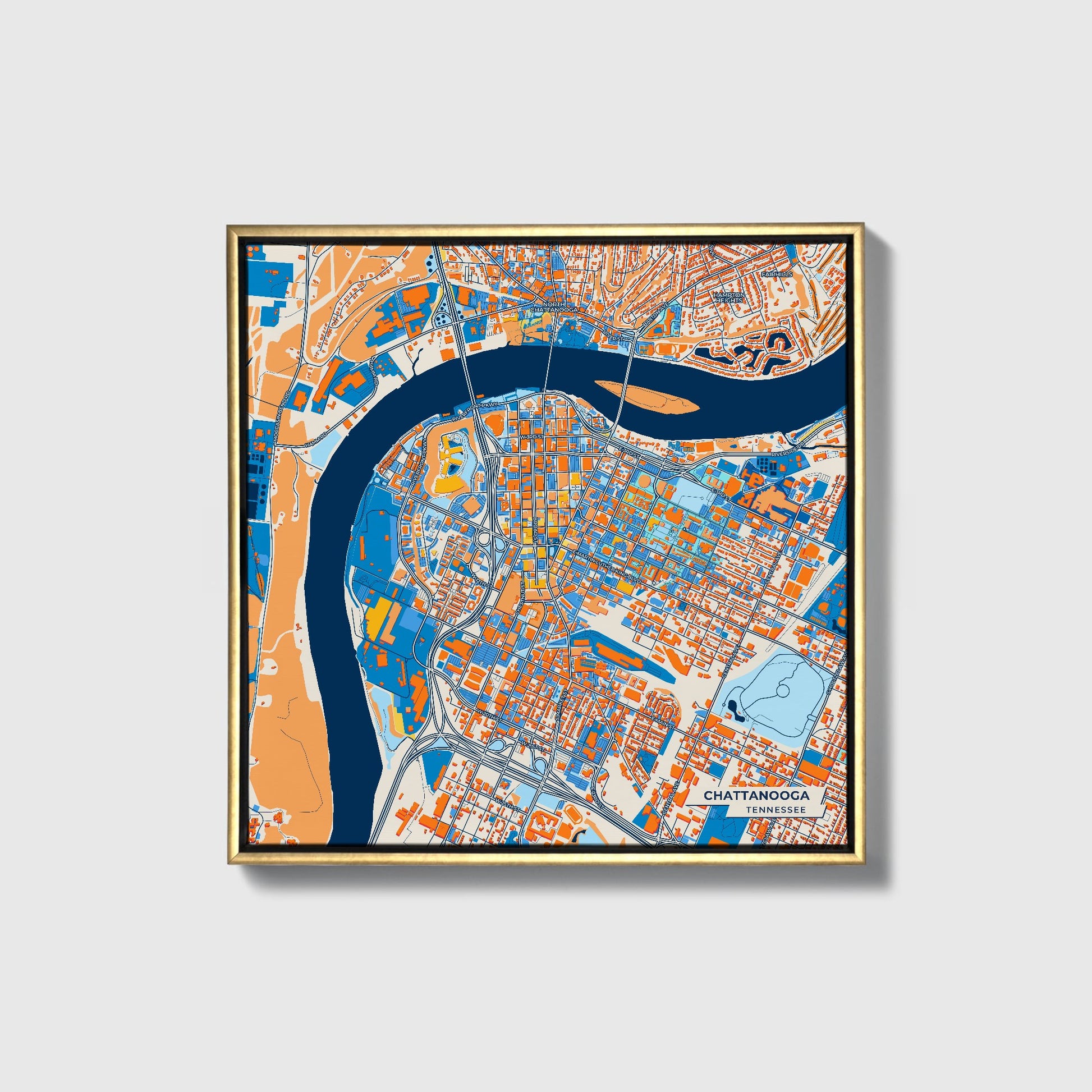 Chattanooga Tennessee Colorful City Map Canvas Print • Gold Framed