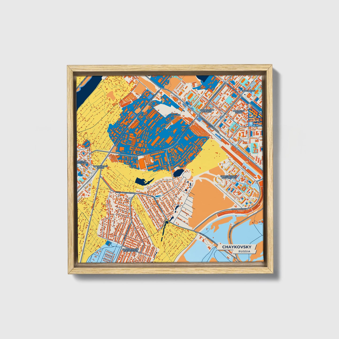 Чайковский Russia Colorful City Map Canvas Print • Natural Wooden Framed