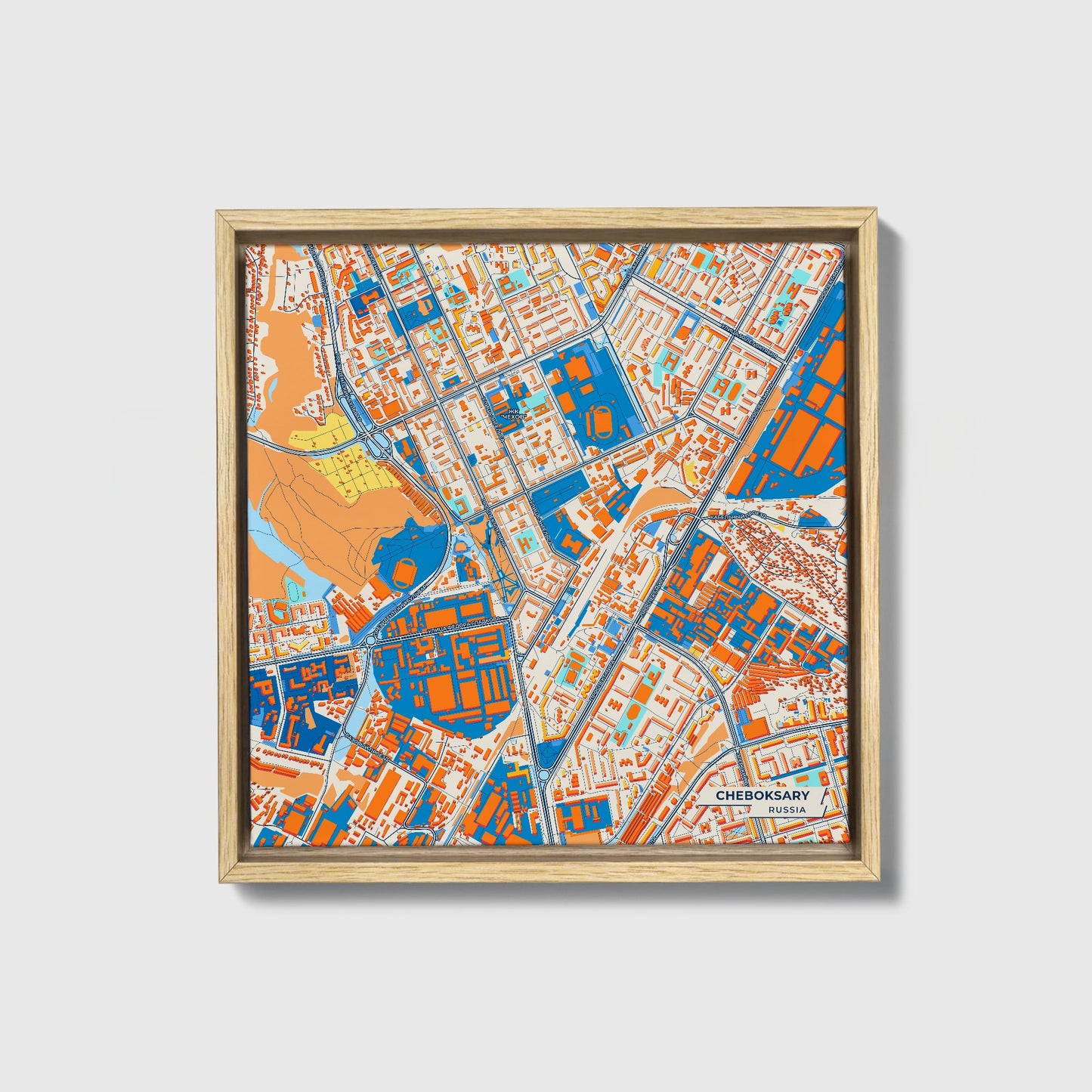 Чебоксар Russia Colorful City Map Canvas Print • Natural Wooden Framed