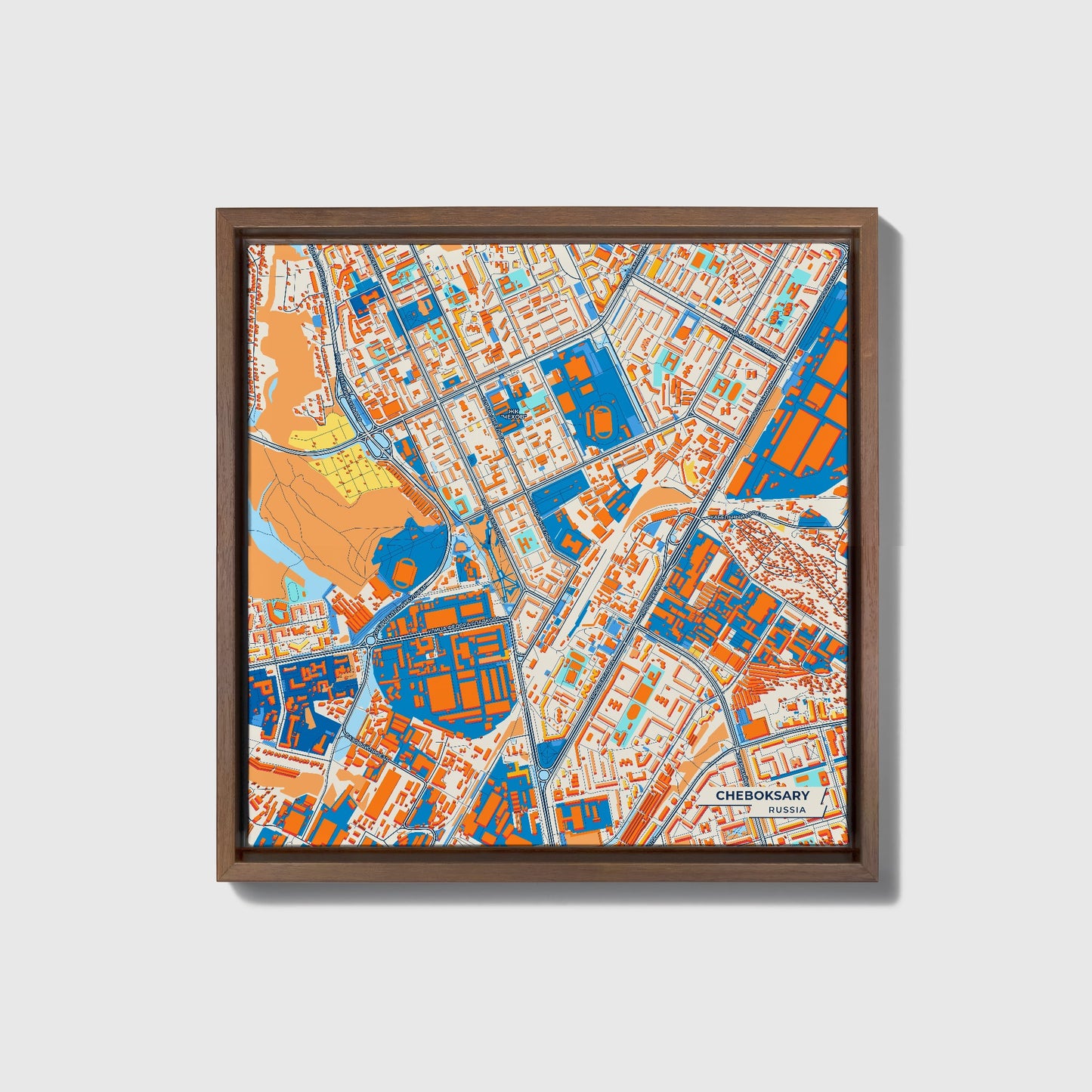 Чебоксар Russia Colorful City Map Canvas Print • Dark Wooden Framed