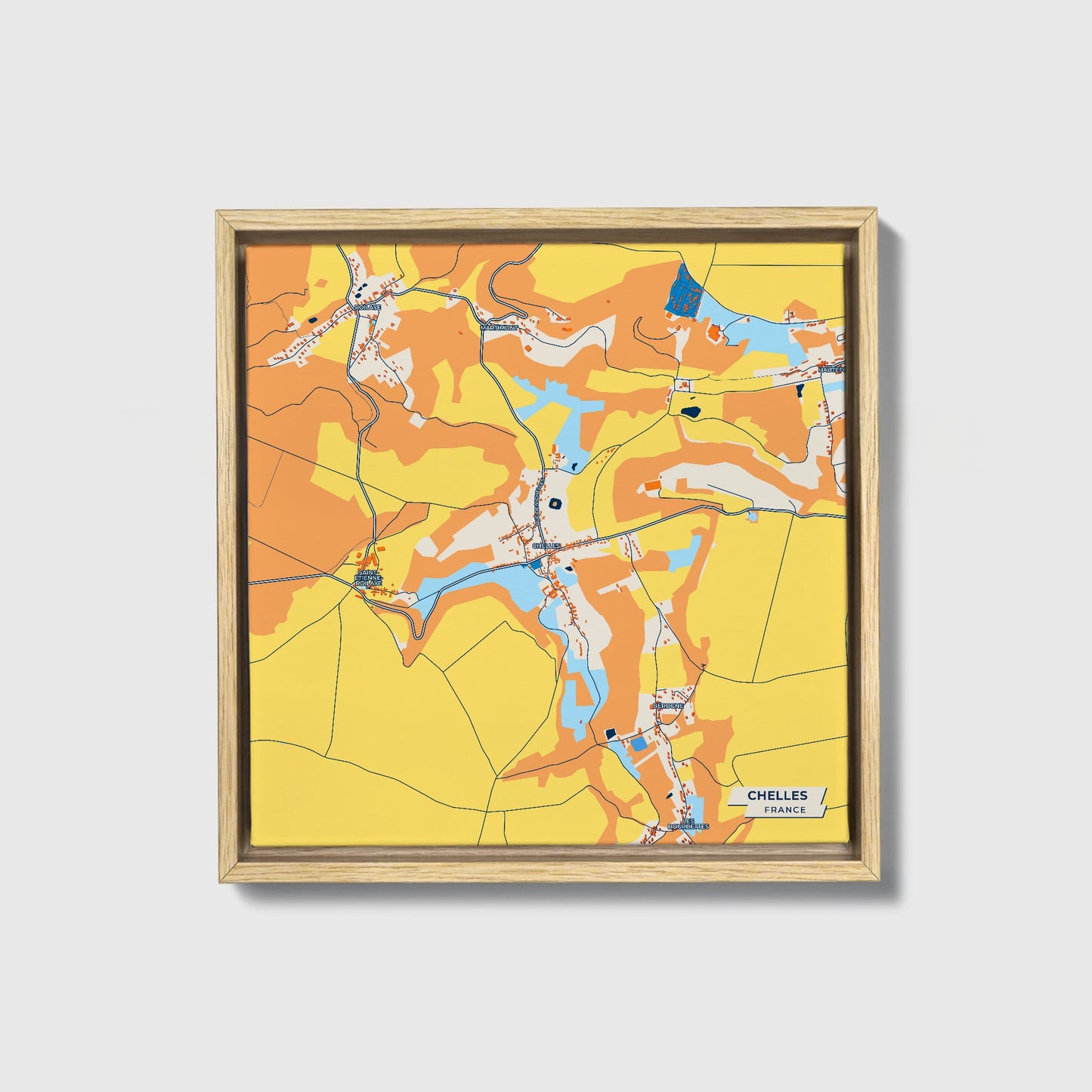 Chelles France Colorful City Map Canvas Print • Natural Wooden Framed