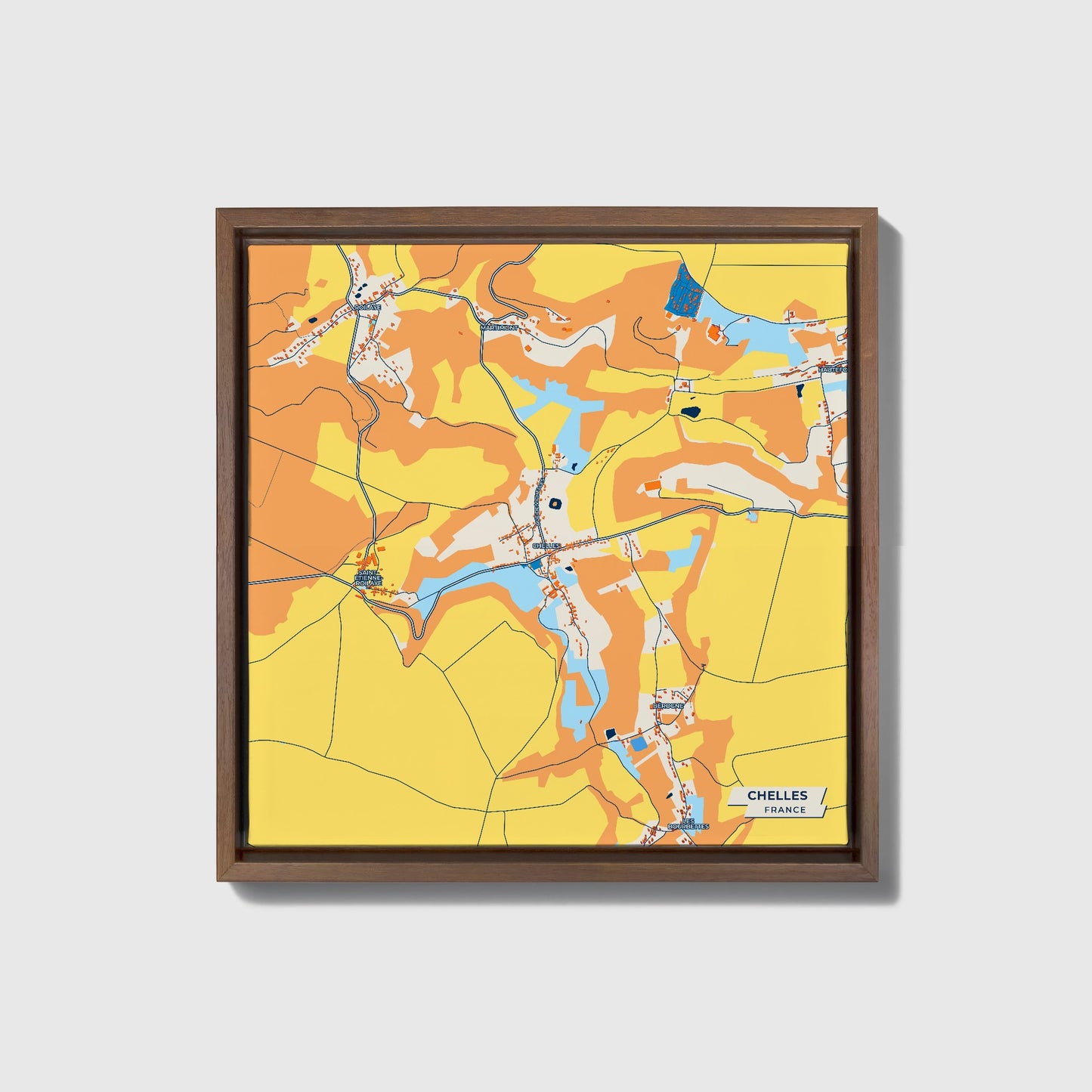 Chelles France Colorful City Map Canvas Print • Dark Wooden Framed