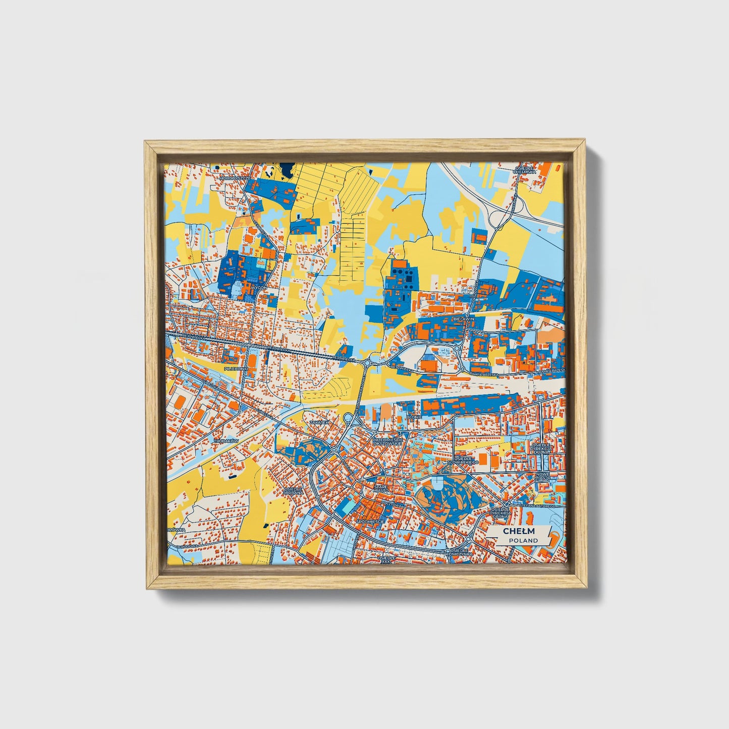 Chełm Poland Colorful City Map Canvas Print • Natural Wooden Framed