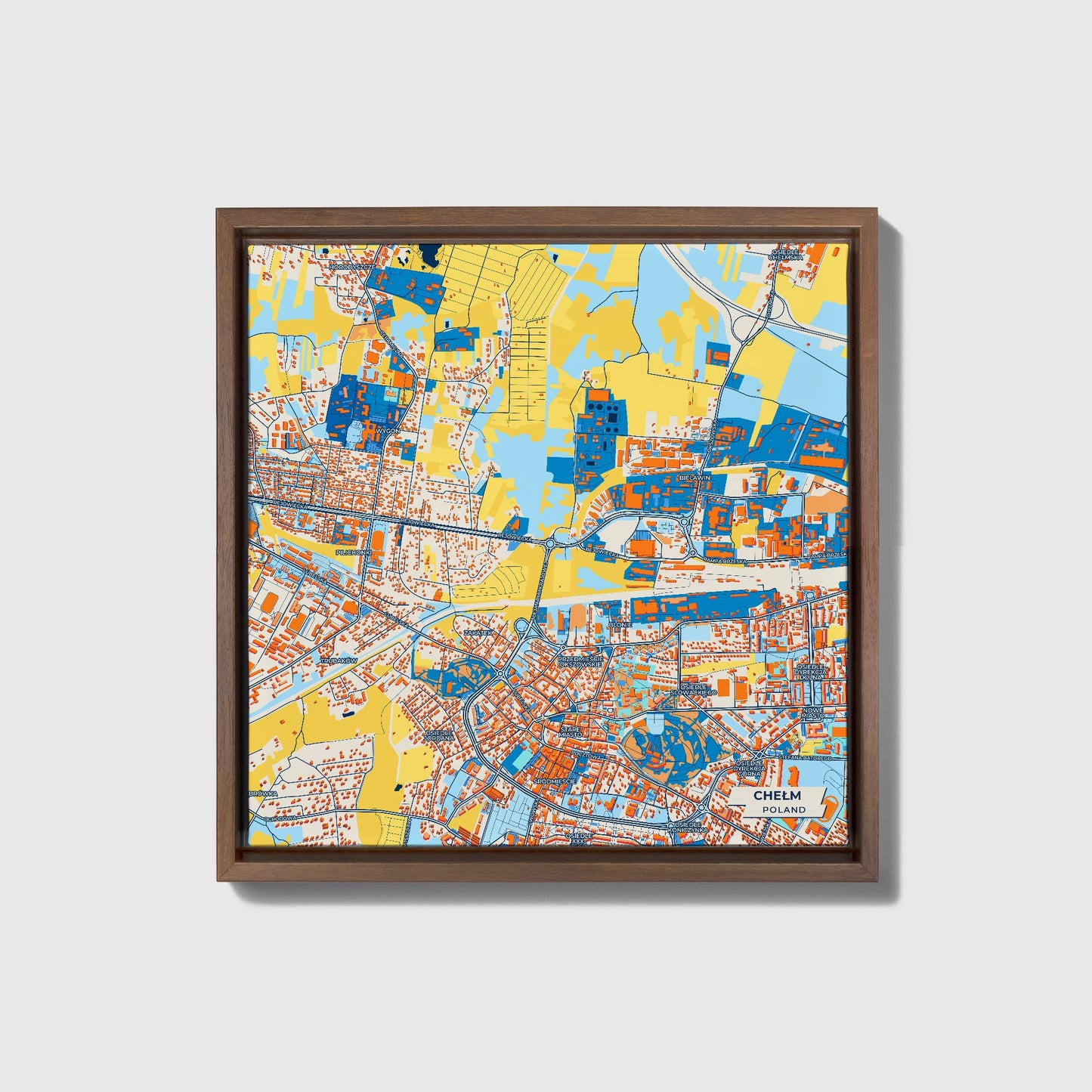 Chełm Poland Colorful City Map Canvas Print • Dark Wooden Framed