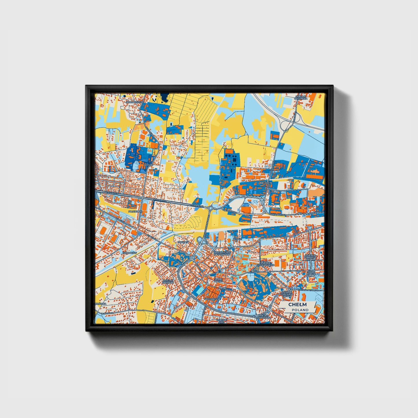Chełm Poland Colorful City Map Canvas Print • Black Framed