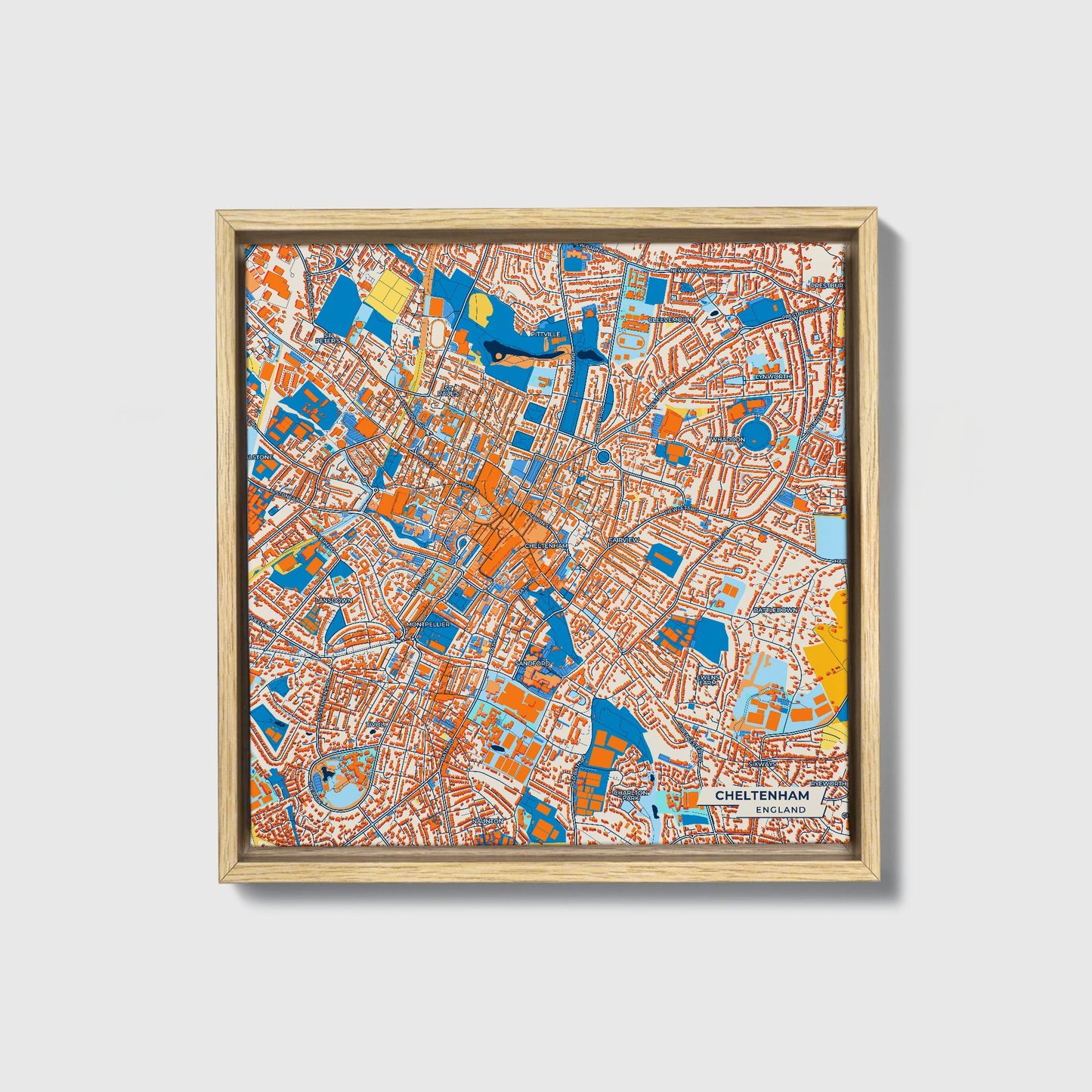 Cheltenham England Colorful City Map Canvas Print • Natural Wooden Framed
