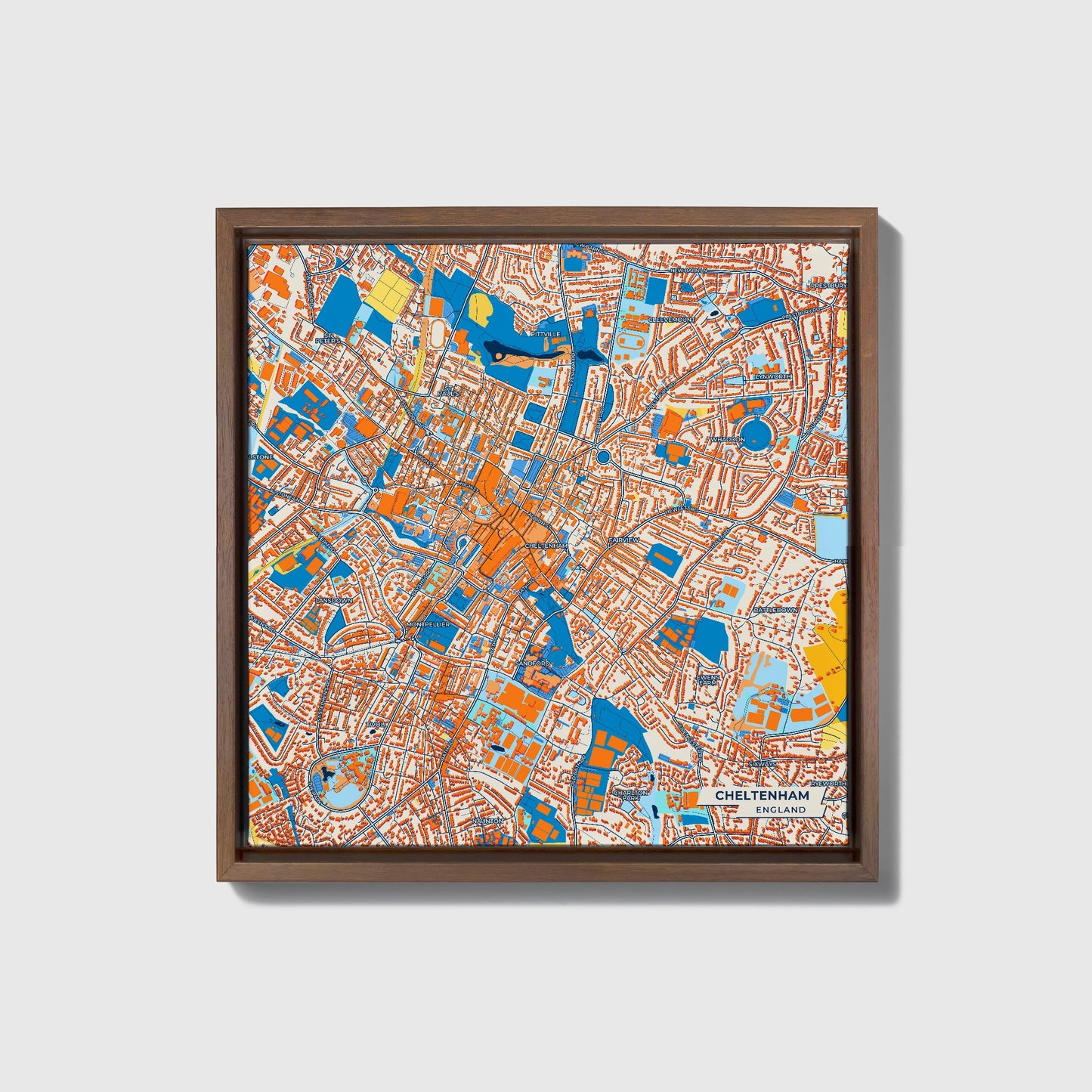 Cheltenham England Colorful City Map Canvas Print • Dark Wooden Framed