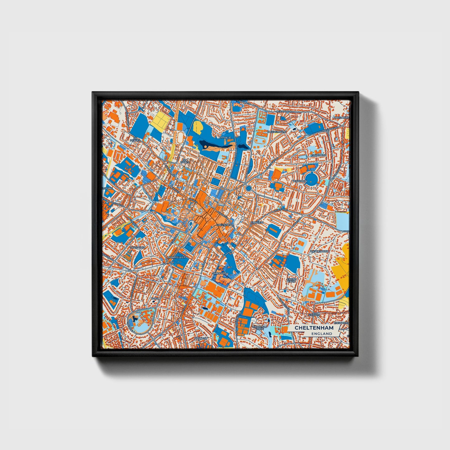 Cheltenham England Colorful City Map Canvas Print • Black Framed