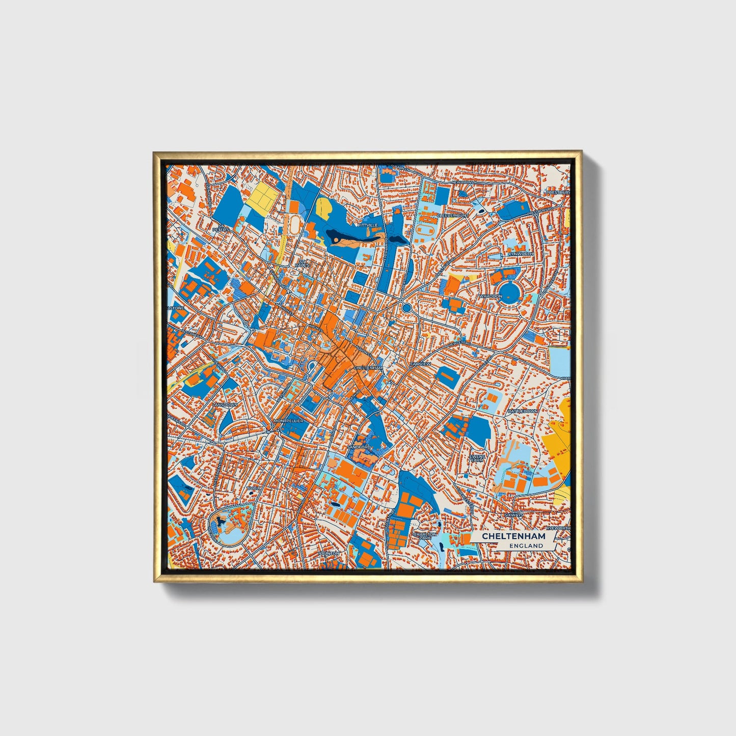 Cheltenham England Colorful City Map Canvas Print • Gold Framed