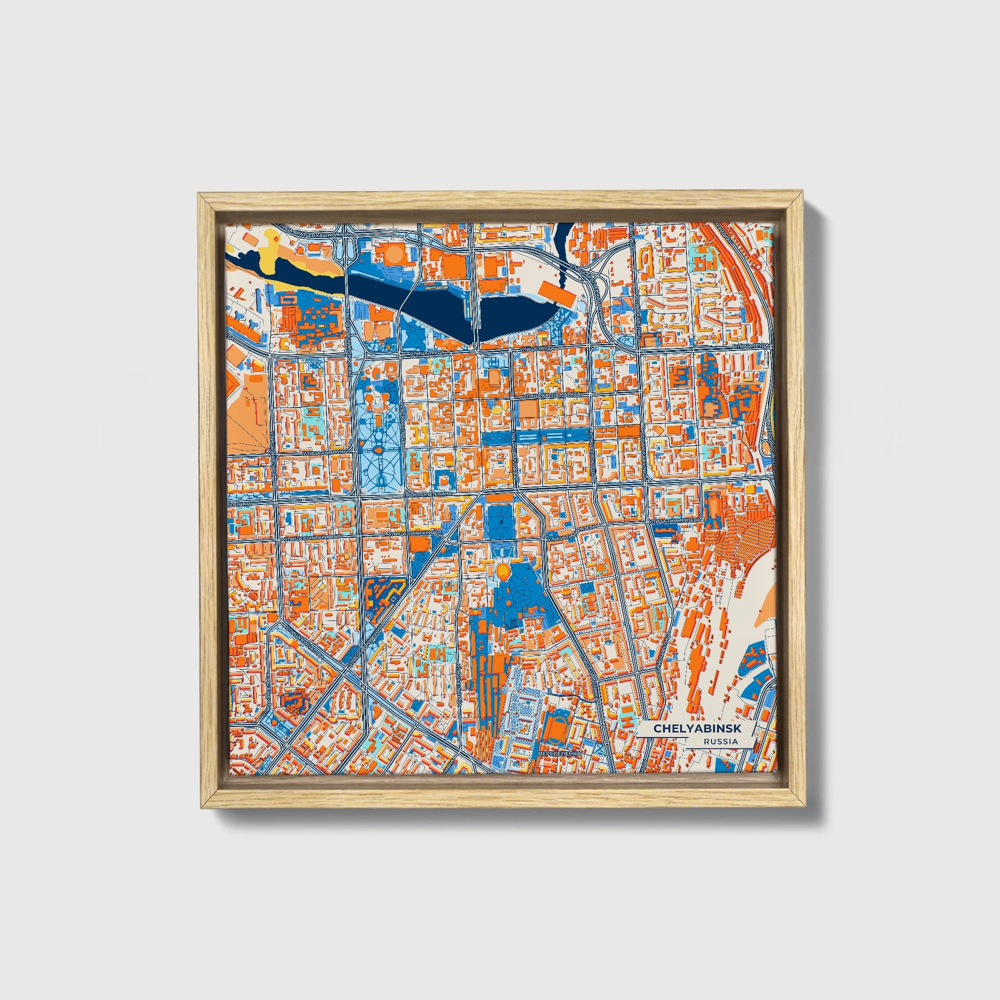 Челябинск Russia Colorful City Map Canvas Print • Natural Wooden Framed