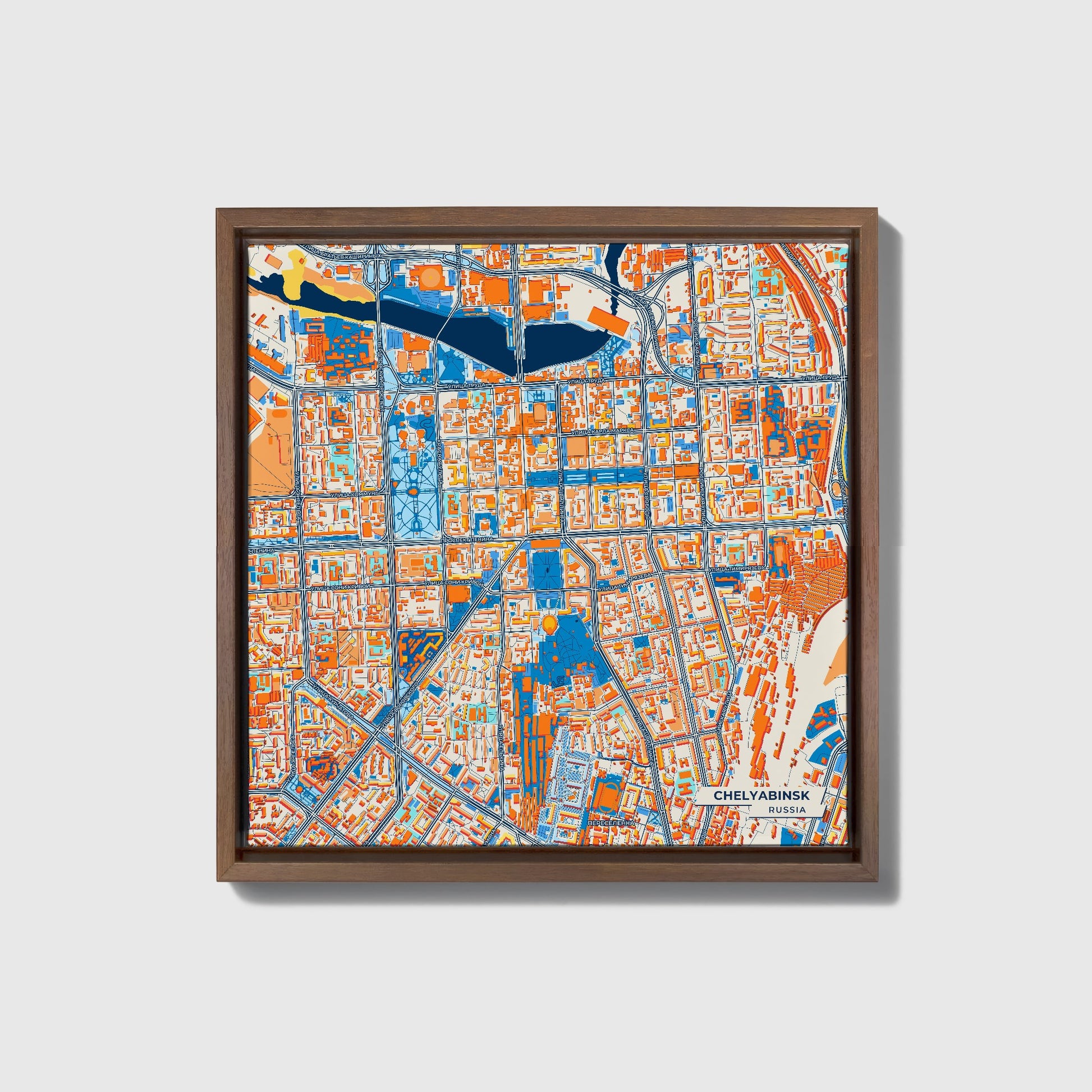 Челябинск Russia Colorful City Map Canvas Print • Dark Wooden Framed