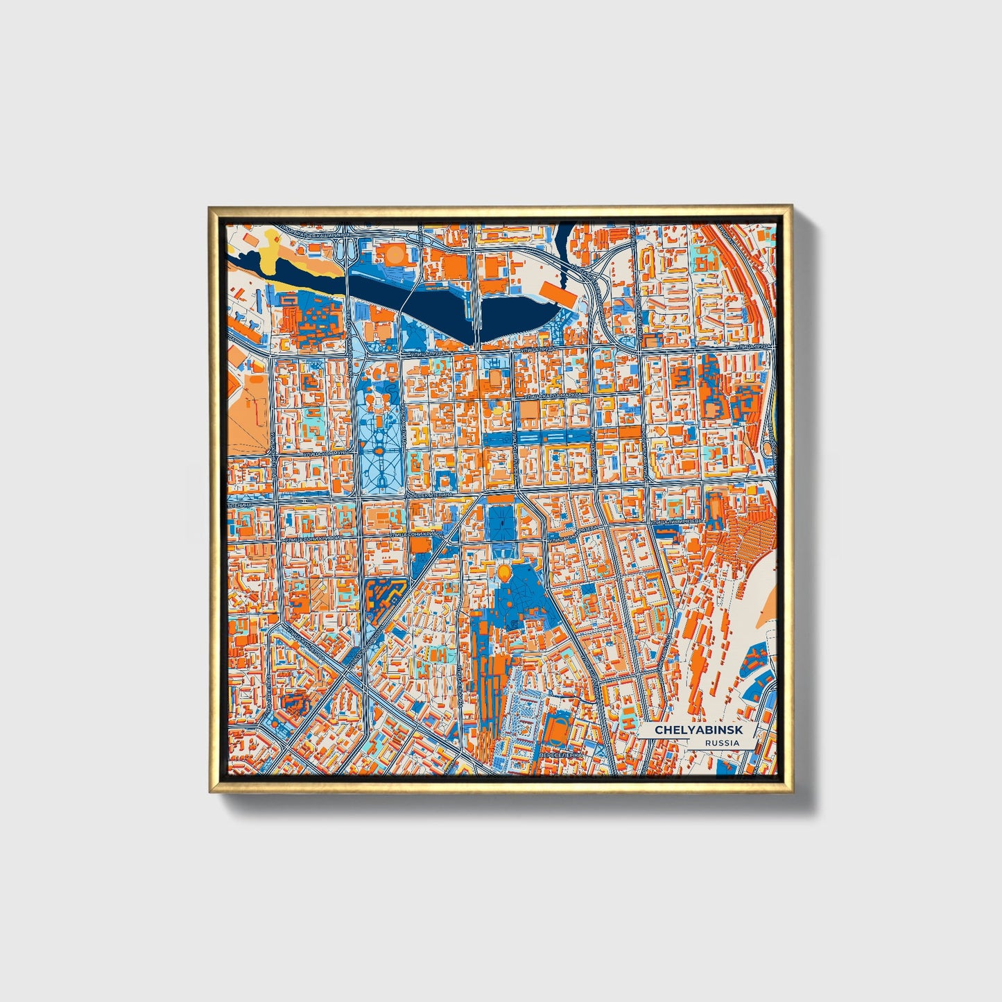 Челябинск Russia Colorful City Map Canvas Print • Gold Framed