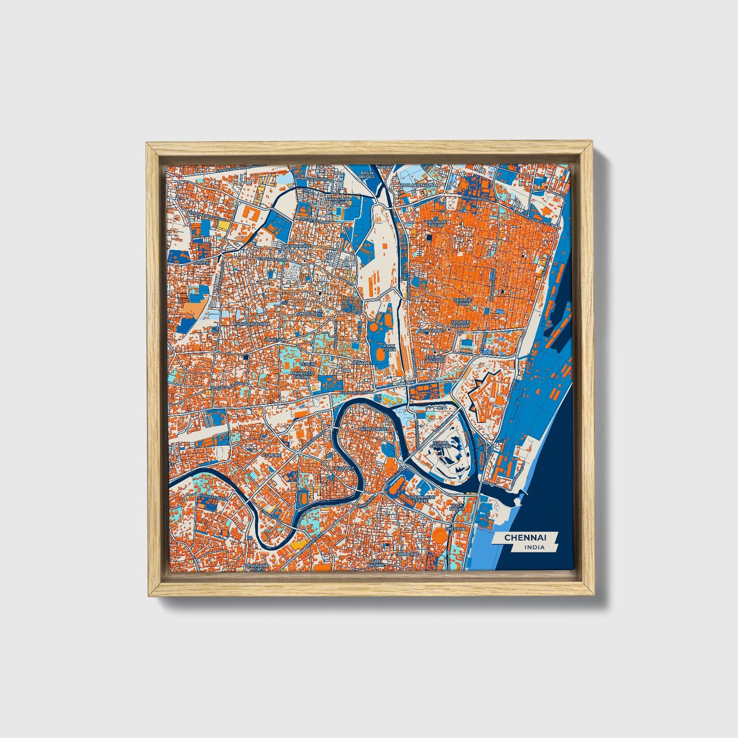 Chennai India Colorful City Map Canvas Print • Natural Wooden Framed