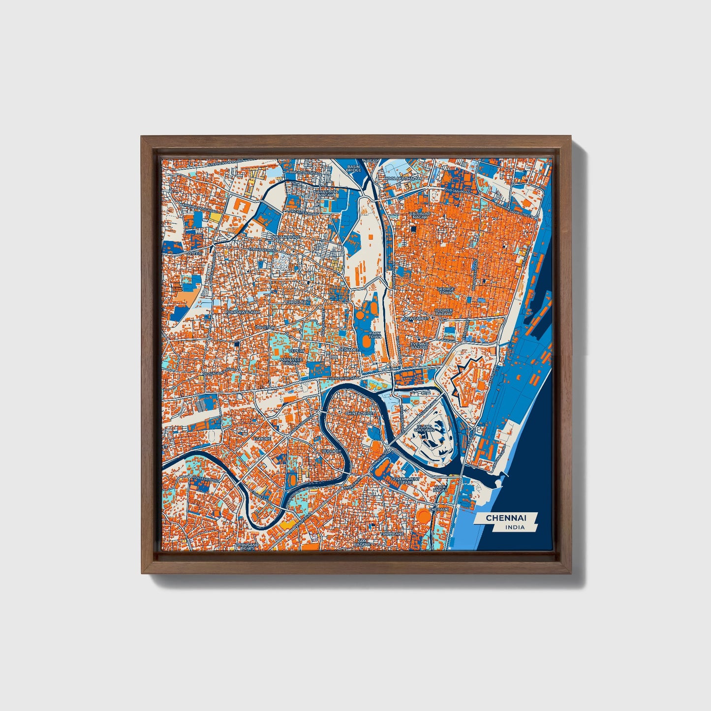 Chennai India Colorful City Map Canvas Print • Dark Wooden Framed