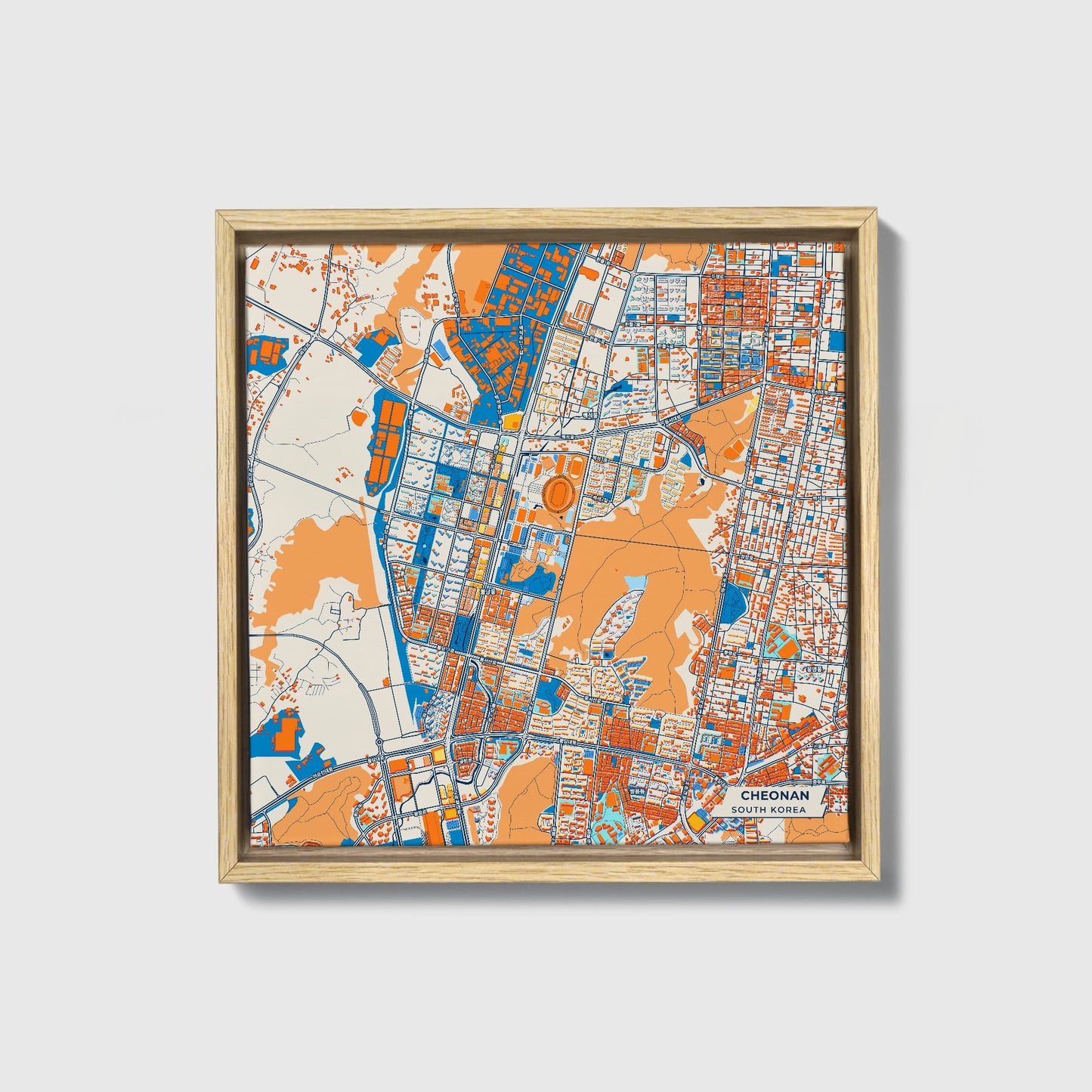 Cheonan South Korea Colorful City Map Canvas Print • Natural Wooden Framed