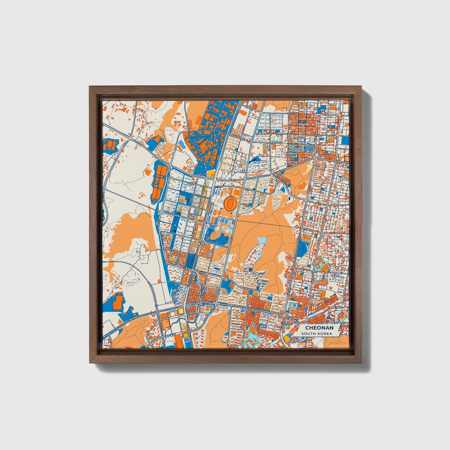 Cheonan South Korea Colorful City Map Canvas Print • Dark Wooden Framed
