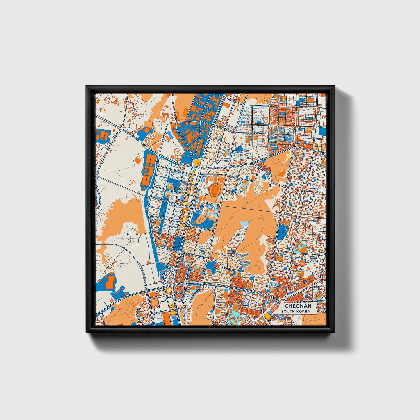 Cheonan South Korea Colorful City Map Canvas Print • Black Framed