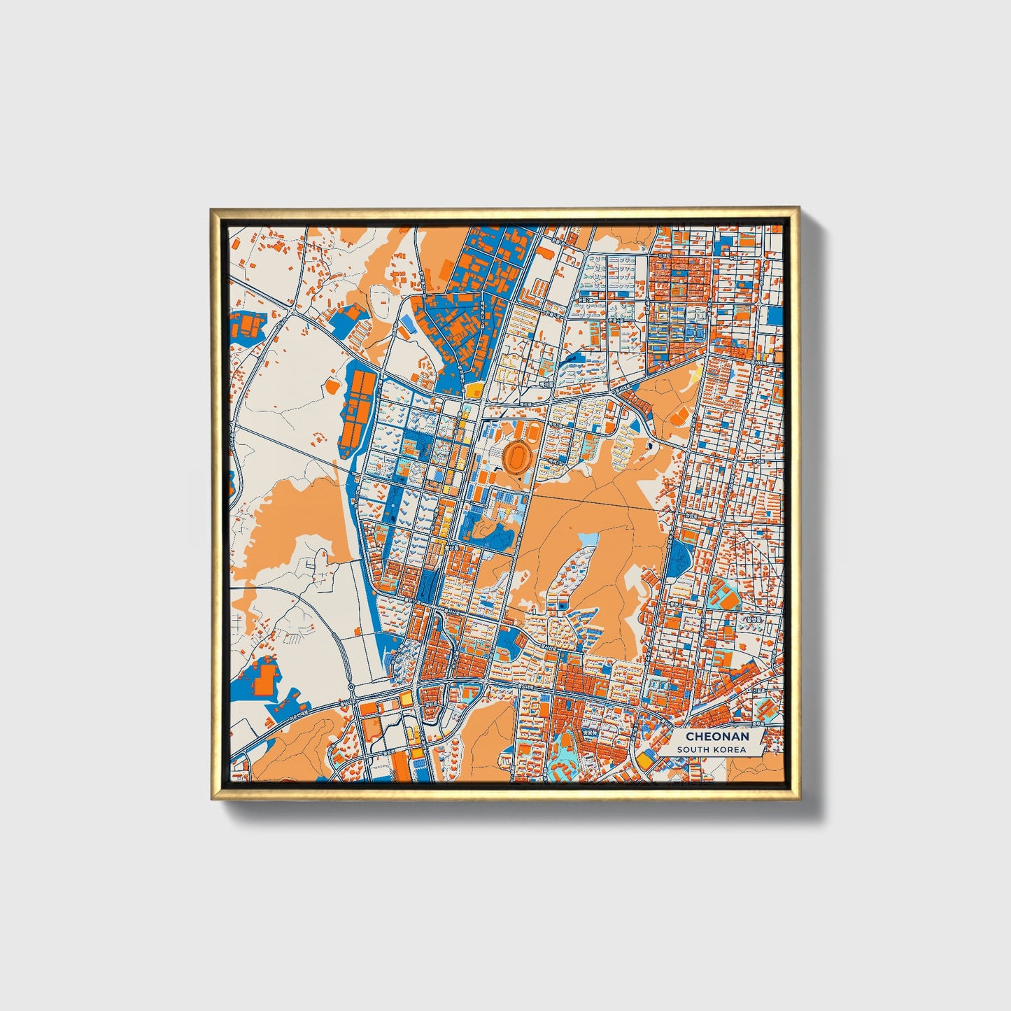 Cheonan South Korea Colorful City Map Canvas Print • Gold Framed