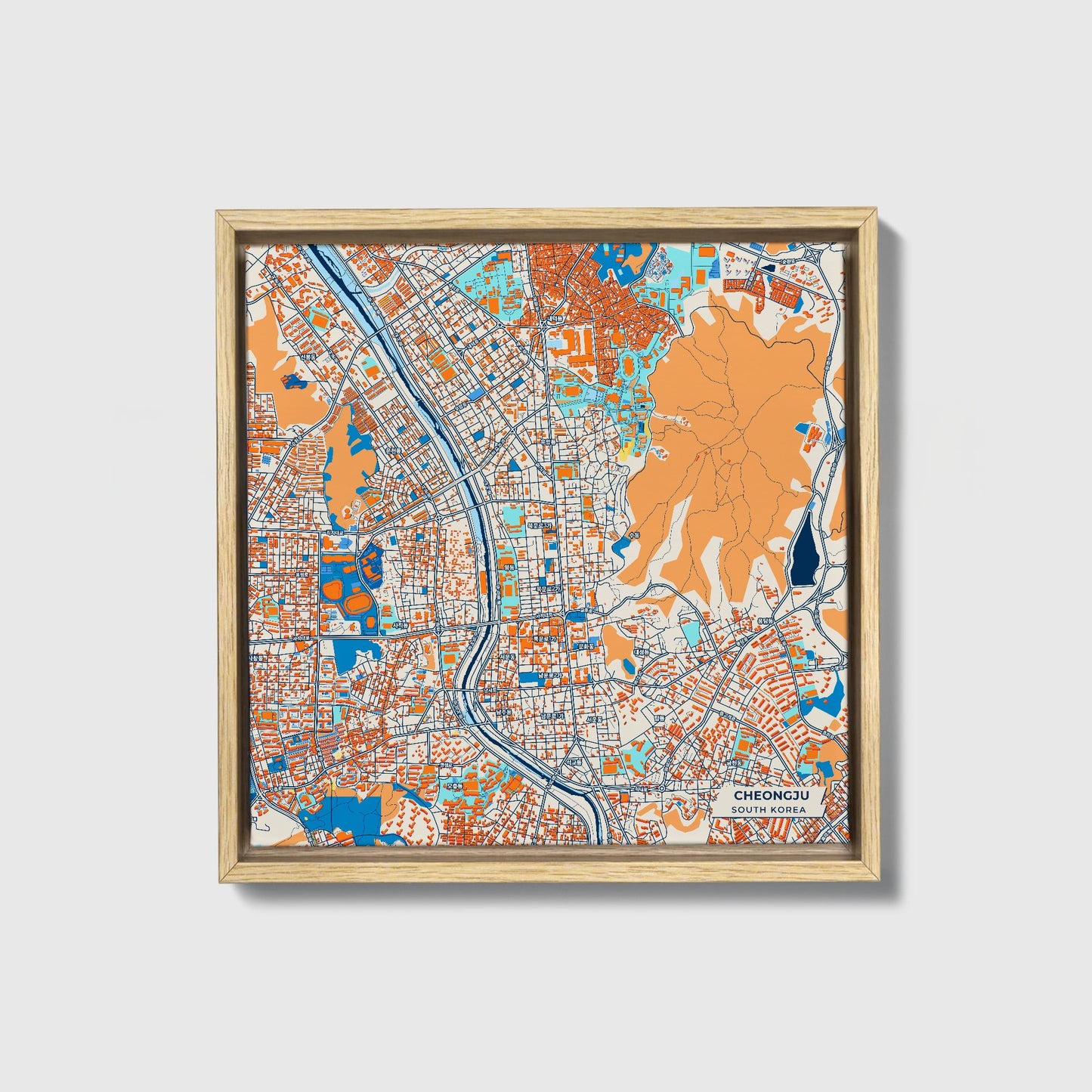 Cheongju South Korea Colorful City Map Canvas Print • Natural Wooden Framed