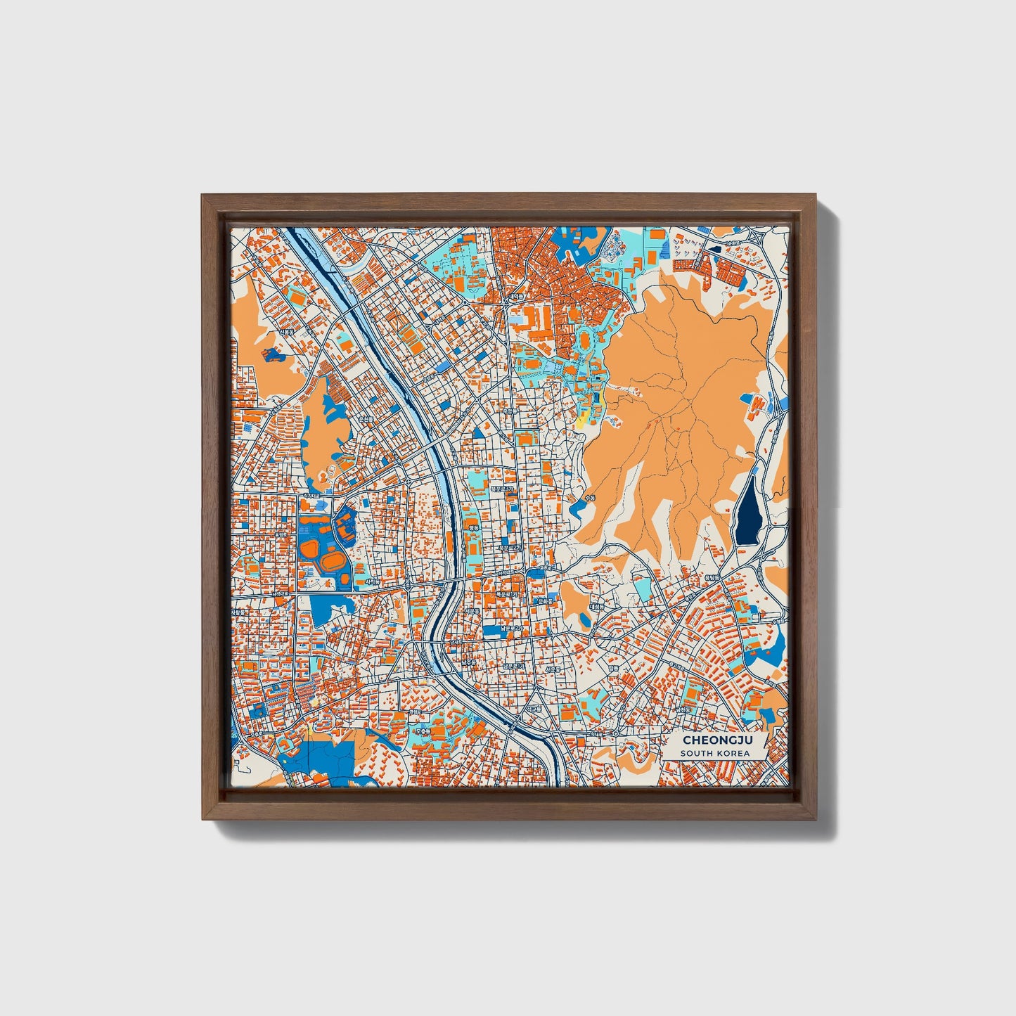 Cheongju South Korea Colorful City Map Canvas Print • Dark Wooden Framed