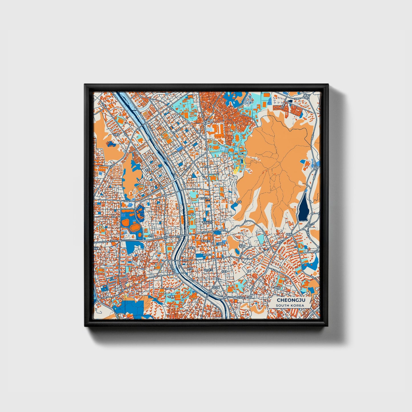 Cheongju South Korea Colorful City Map Canvas Print • Black Framed