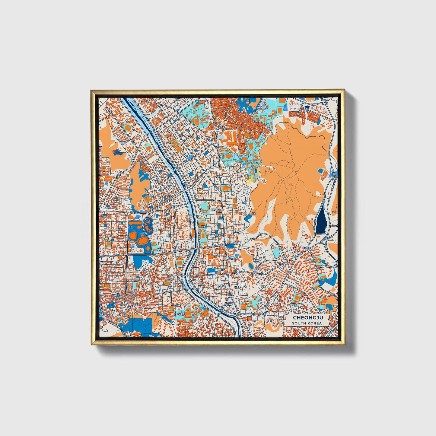 Cheongju South Korea Colorful City Map Canvas Print • Gold Framed