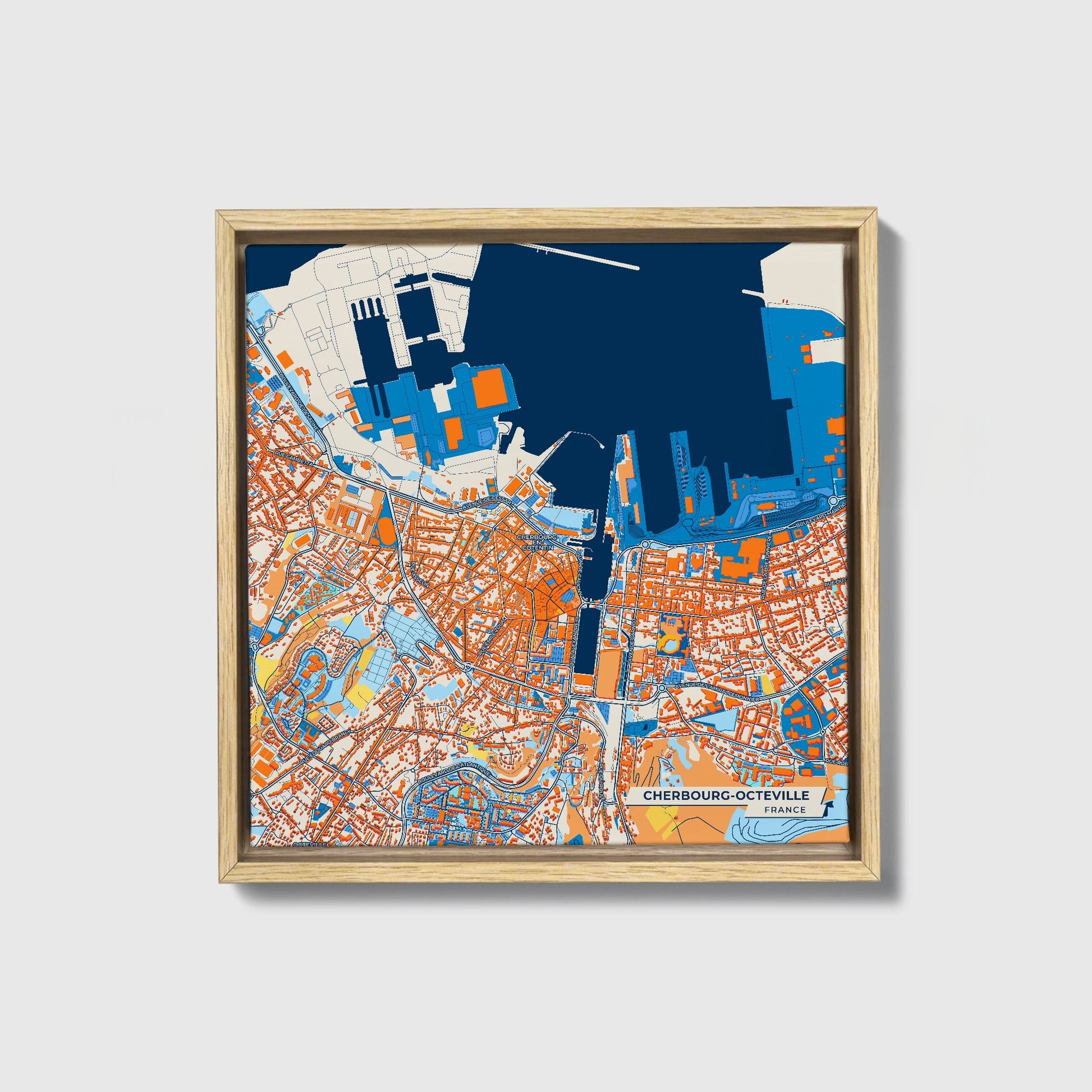 Cherbourg-Octeville France Colorful City Map Canvas Print • Natural Wooden Framed