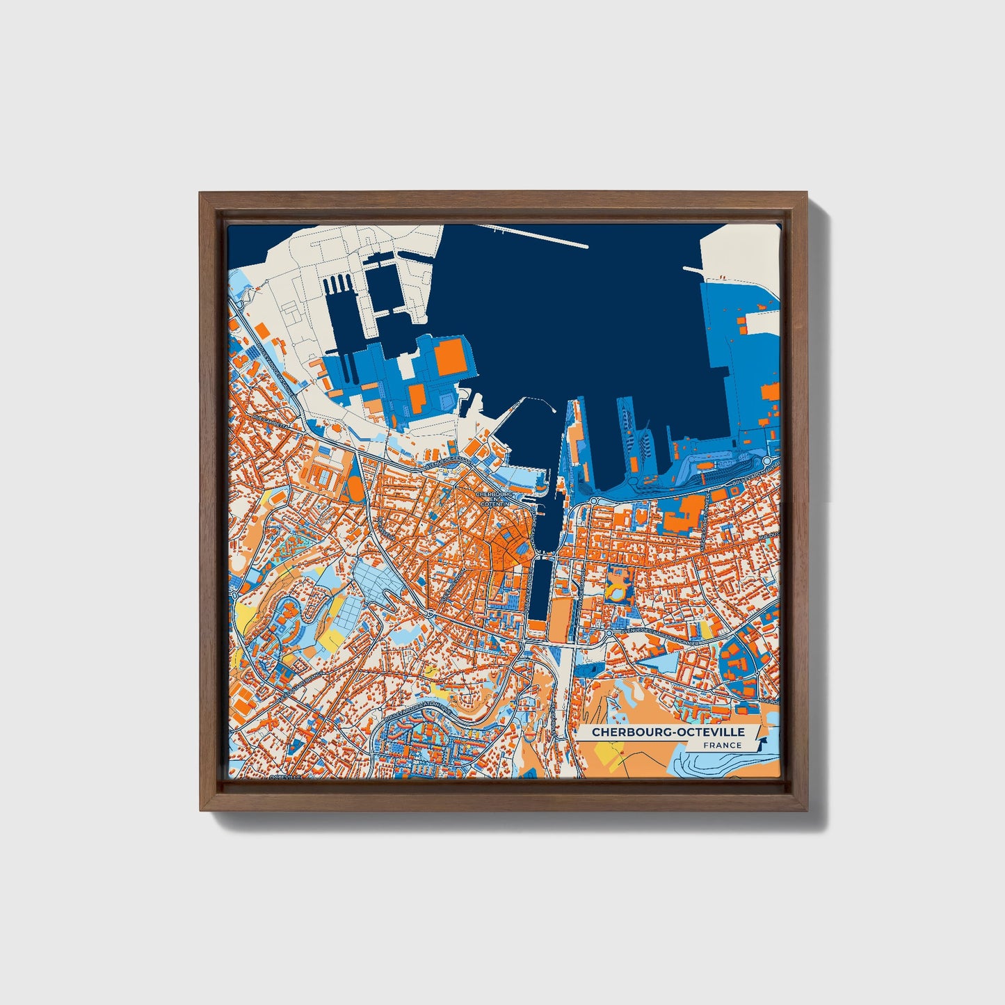 Cherbourg-Octeville France Colorful City Map Canvas Print • Dark Wooden Framed