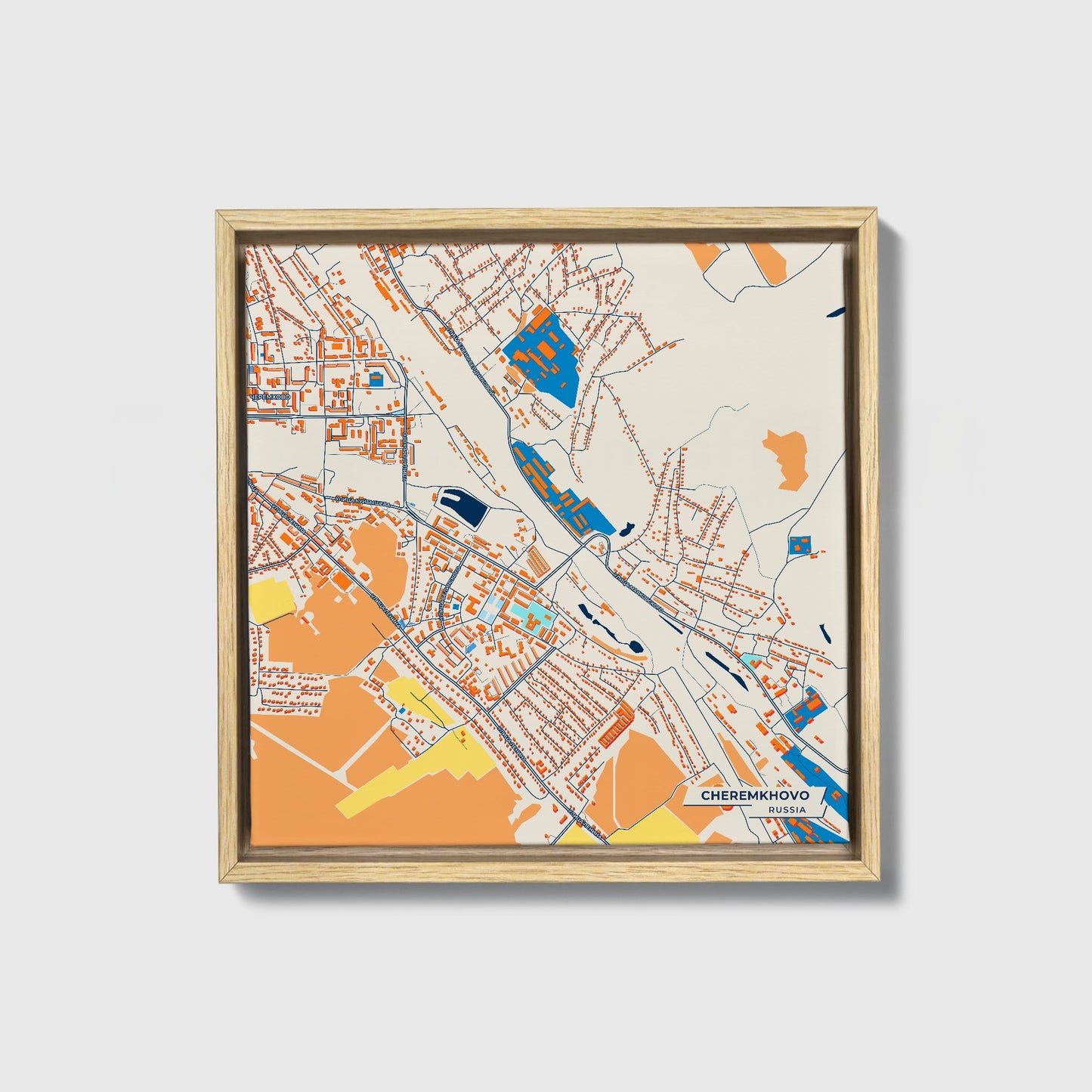Черемхово Russia Colorful City Map Canvas Print • Natural Wooden Framed