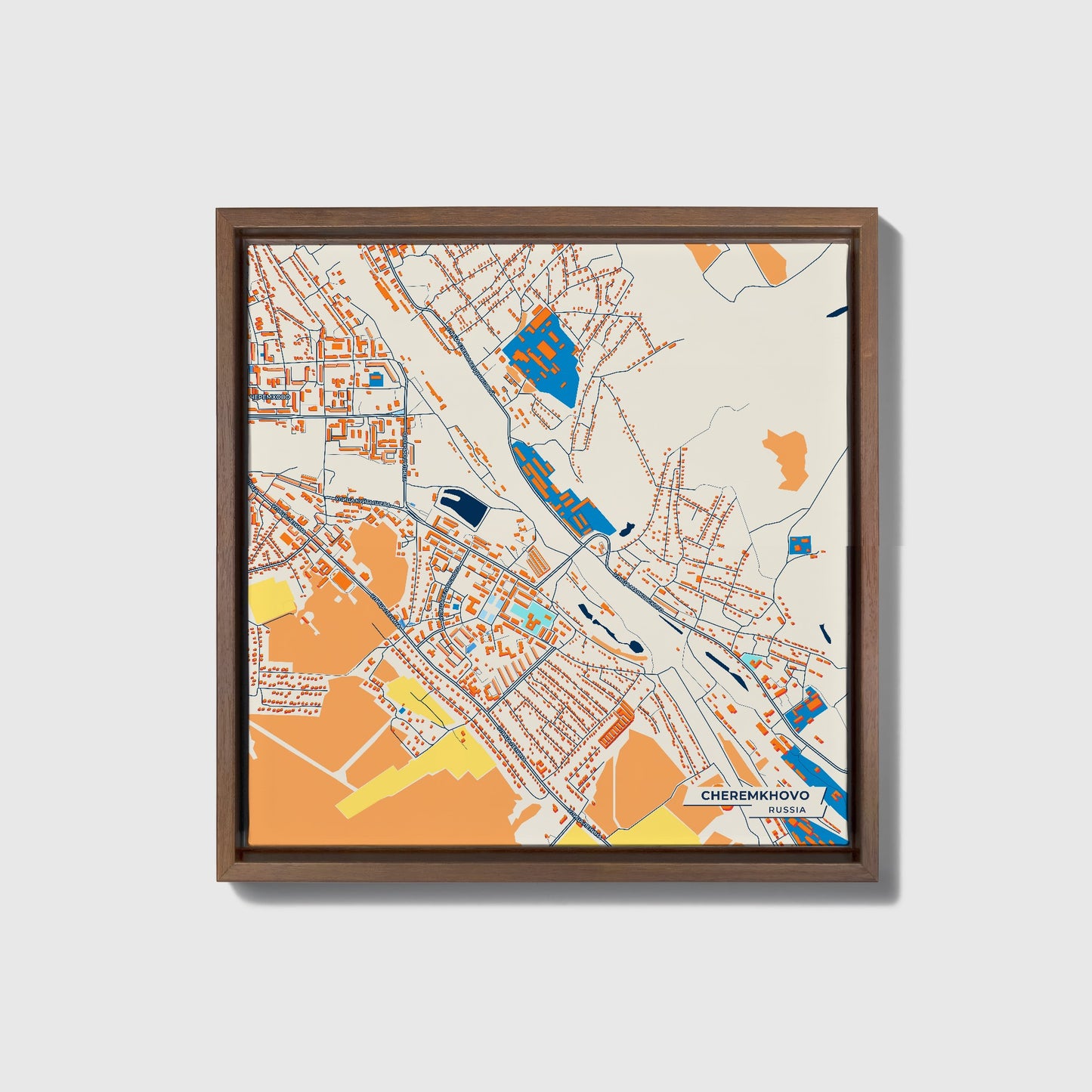 Черемхово Russia Colorful City Map Canvas Print • Dark Wooden Framed