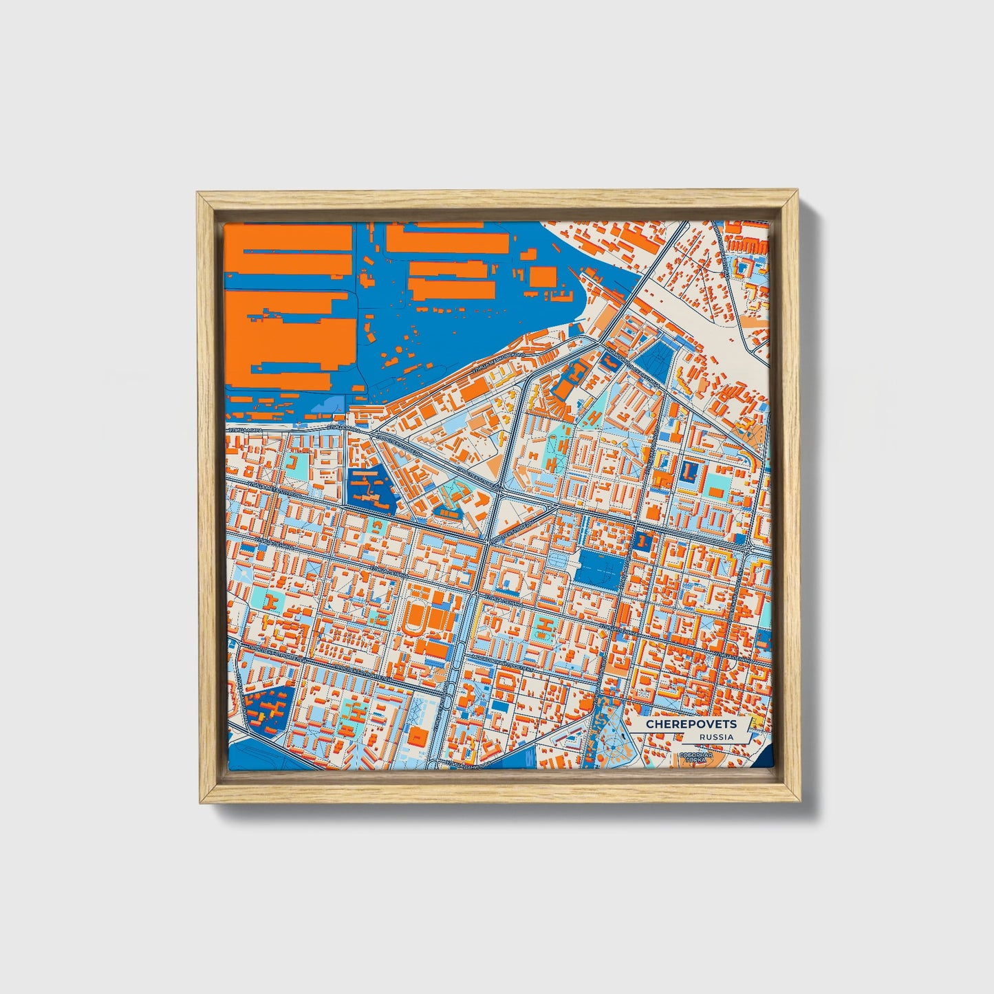 Череповецкий Russia Colorful City Map Canvas Print • Natural Wooden Framed