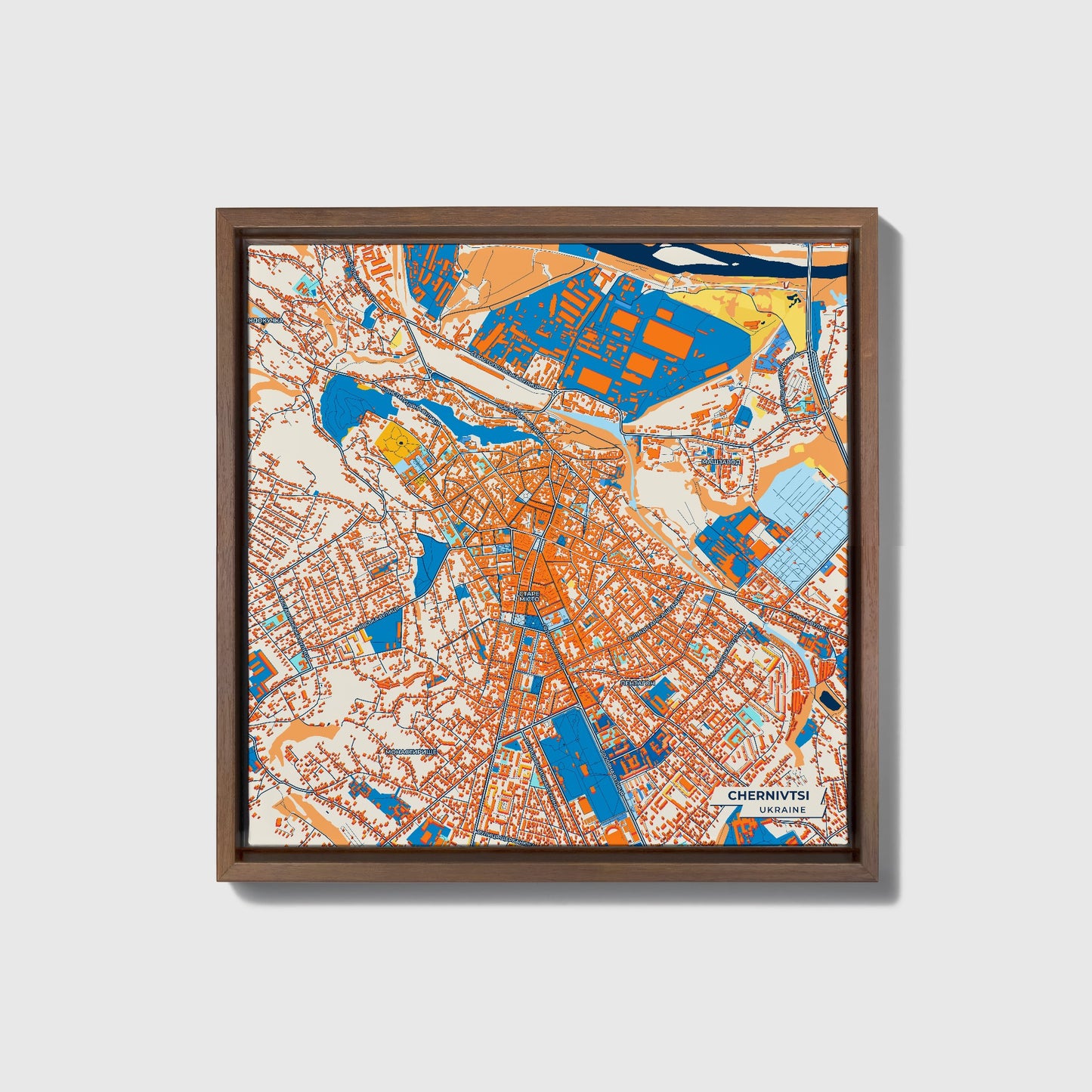 Чернівці Ukraine Colorful City Map Canvas Print • Dark Wooden Framed