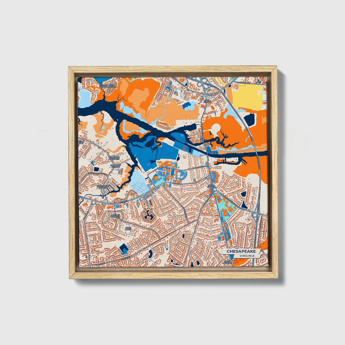 Chesapeake Virginia Colorful City Map Canvas Print • Natural Wooden Framed