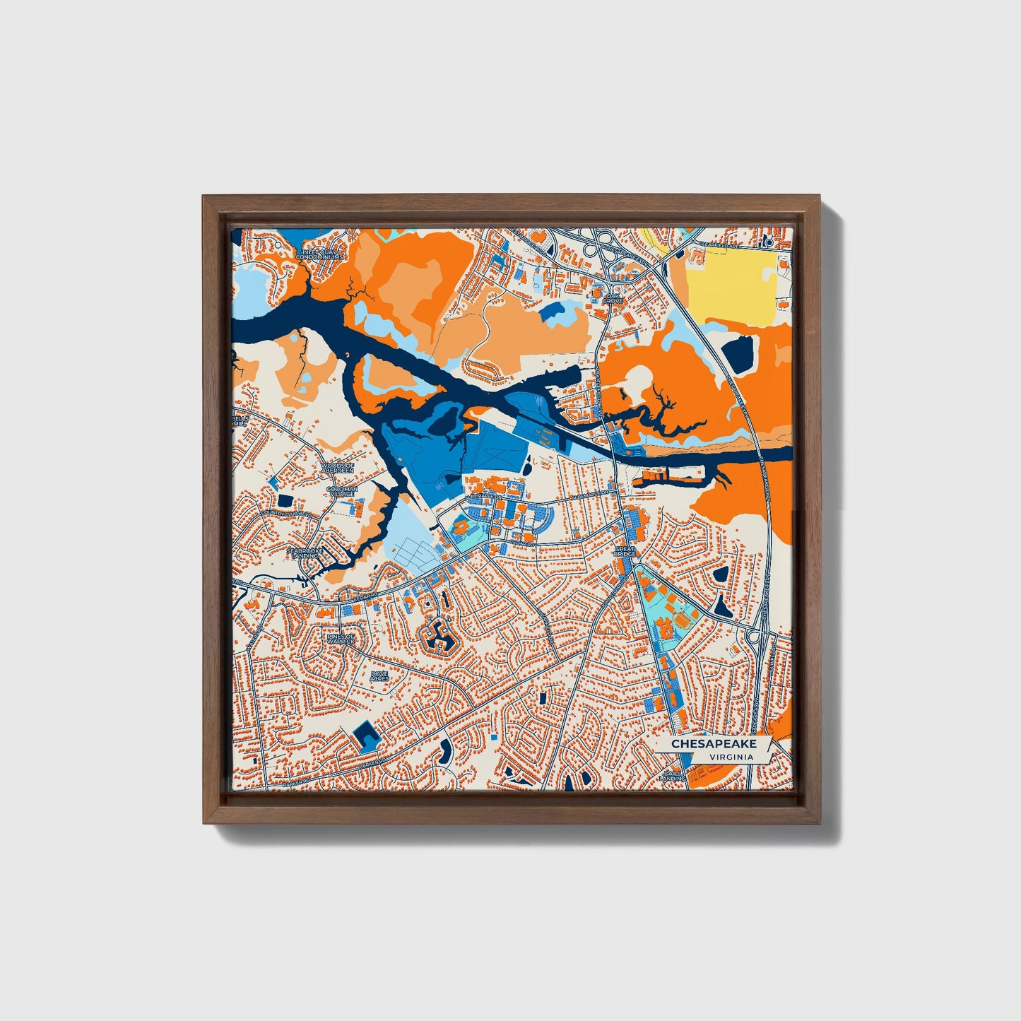 Chesapeake Virginia Colorful City Map Canvas Print • Dark Wooden Framed