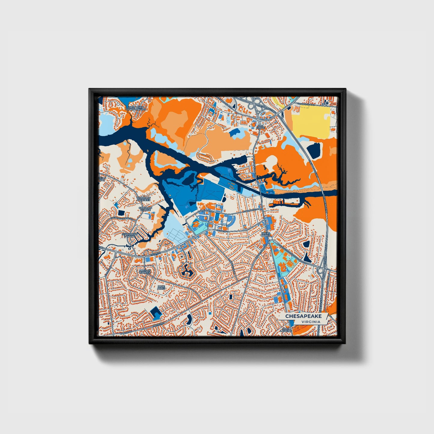 Chesapeake Virginia Colorful City Map Canvas Print • Black Framed
