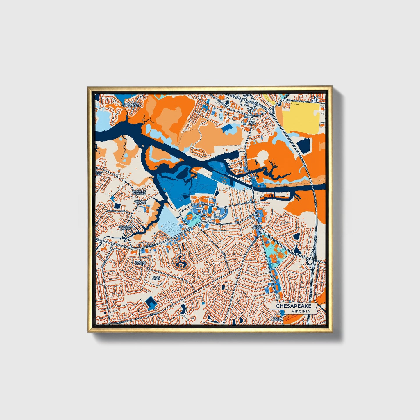 Chesapeake Virginia Colorful City Map Canvas Print • Gold Framed