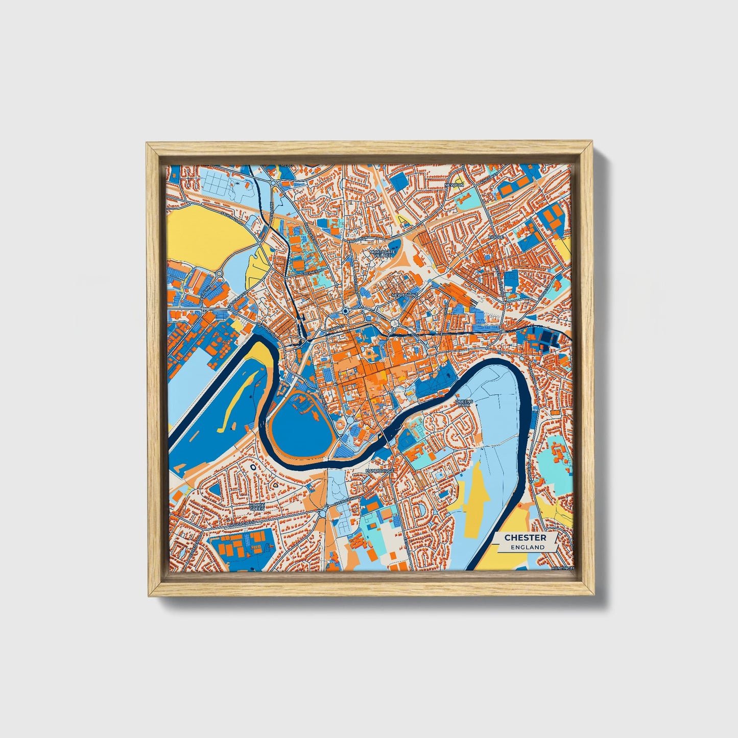 Chester England Colorful City Map Canvas Print • Natural Wooden Framed