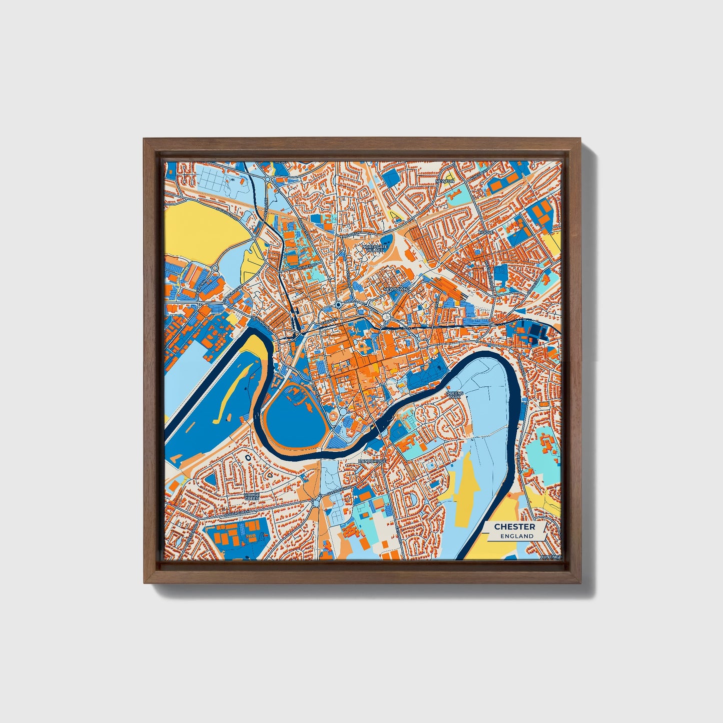 Chester England Colorful City Map Canvas Print • Dark Wooden Framed