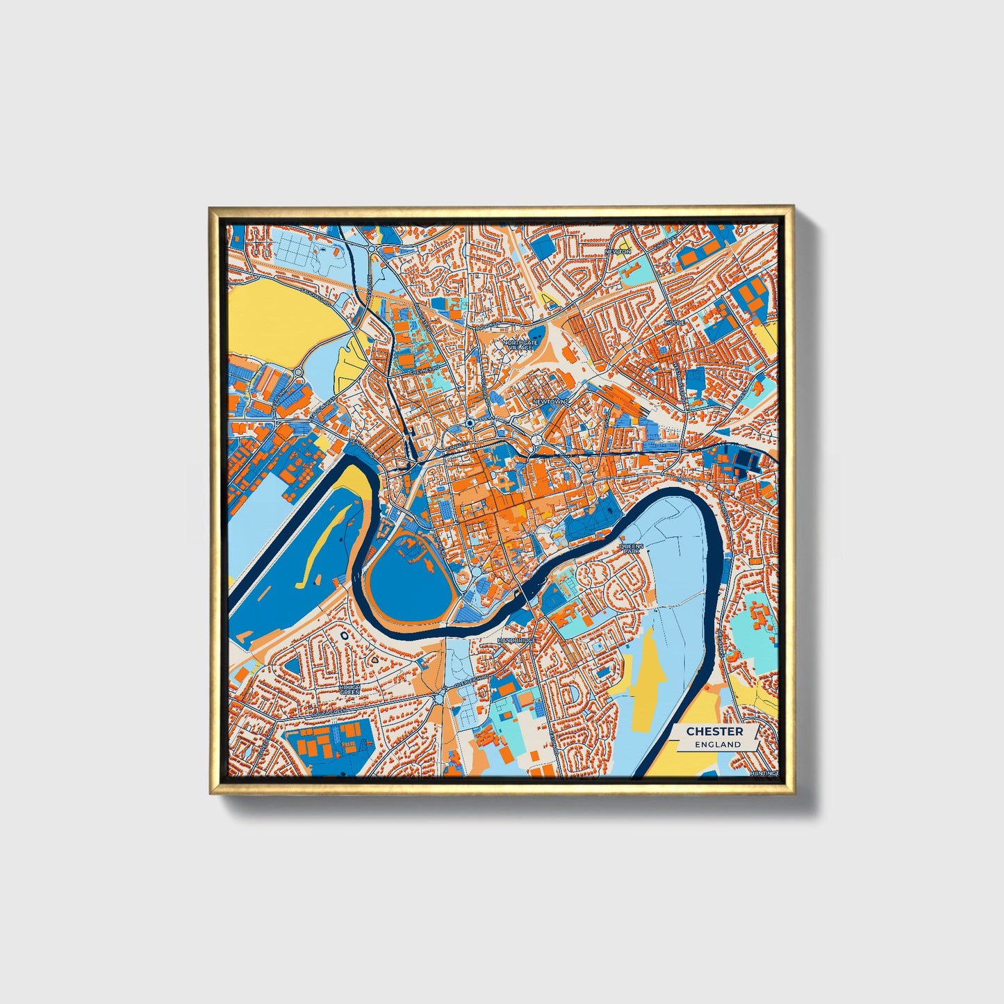 Chester England Colorful City Map Canvas Print • Gold Framed