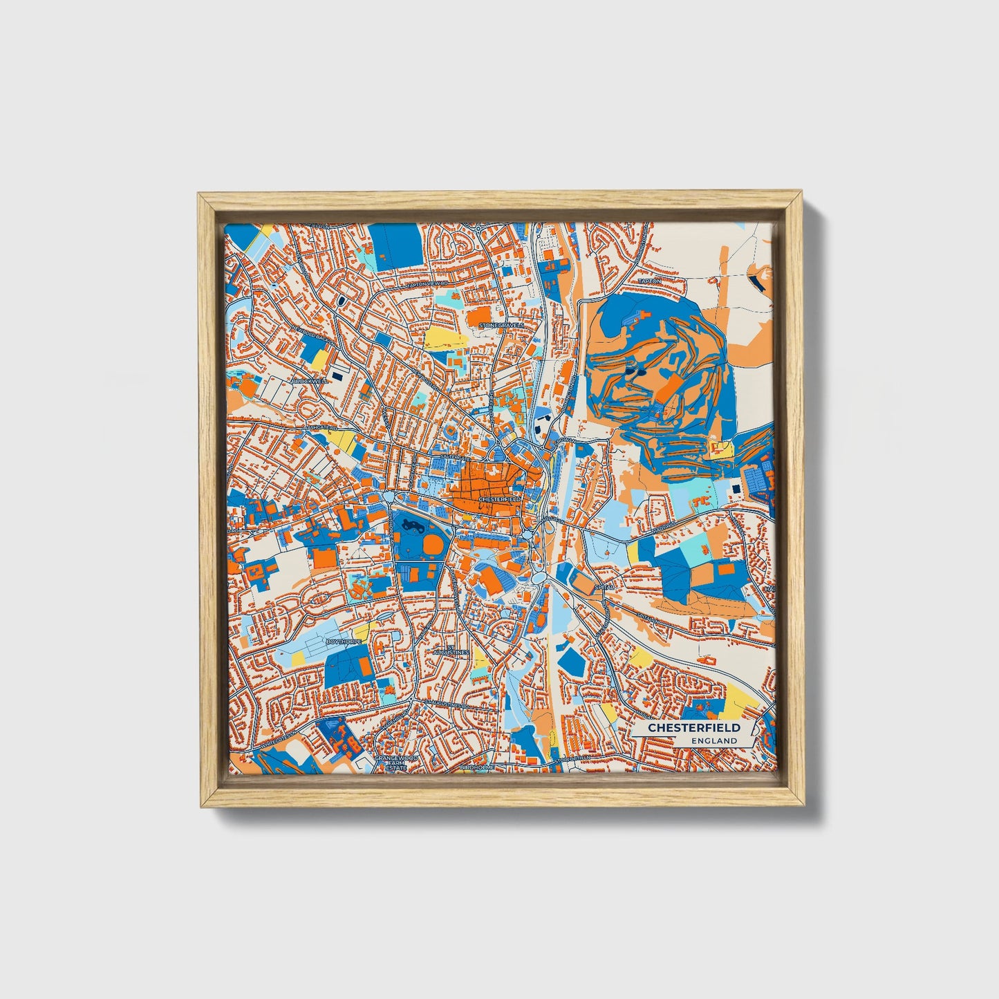 Chesterfield England Colorful City Map Canvas Print • Natural Wooden Framed