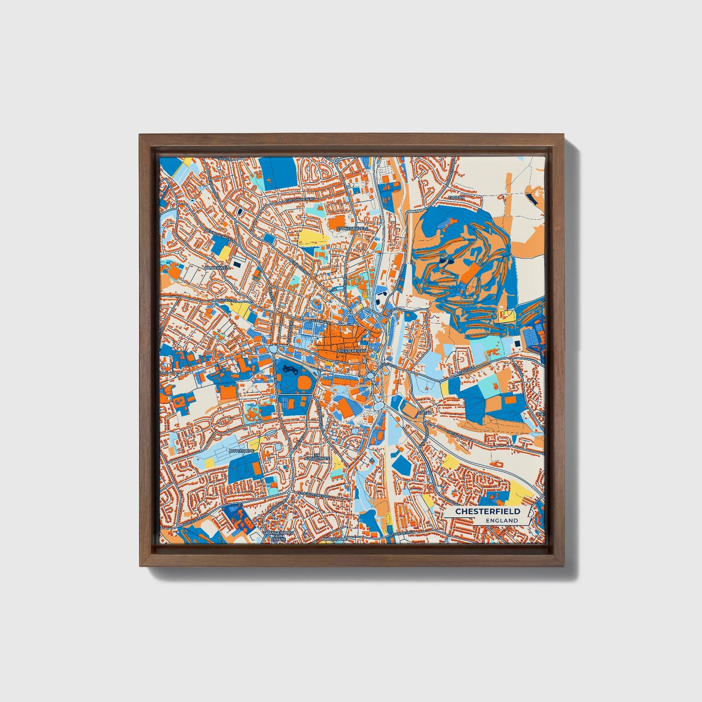 Chesterfield England Colorful City Map Canvas Print • Dark Wooden Framed