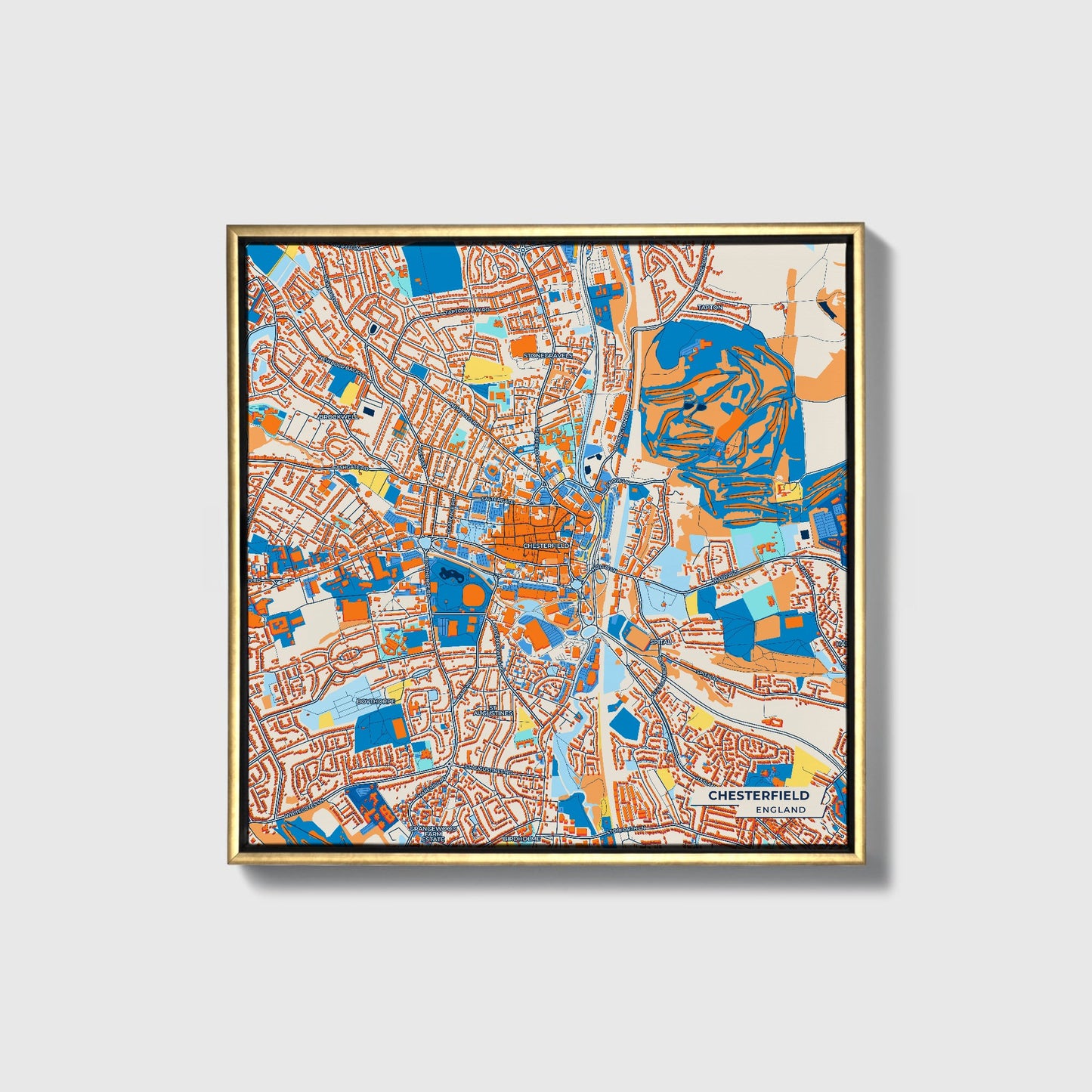 Chesterfield England Colorful City Map Canvas Print • Gold Framed